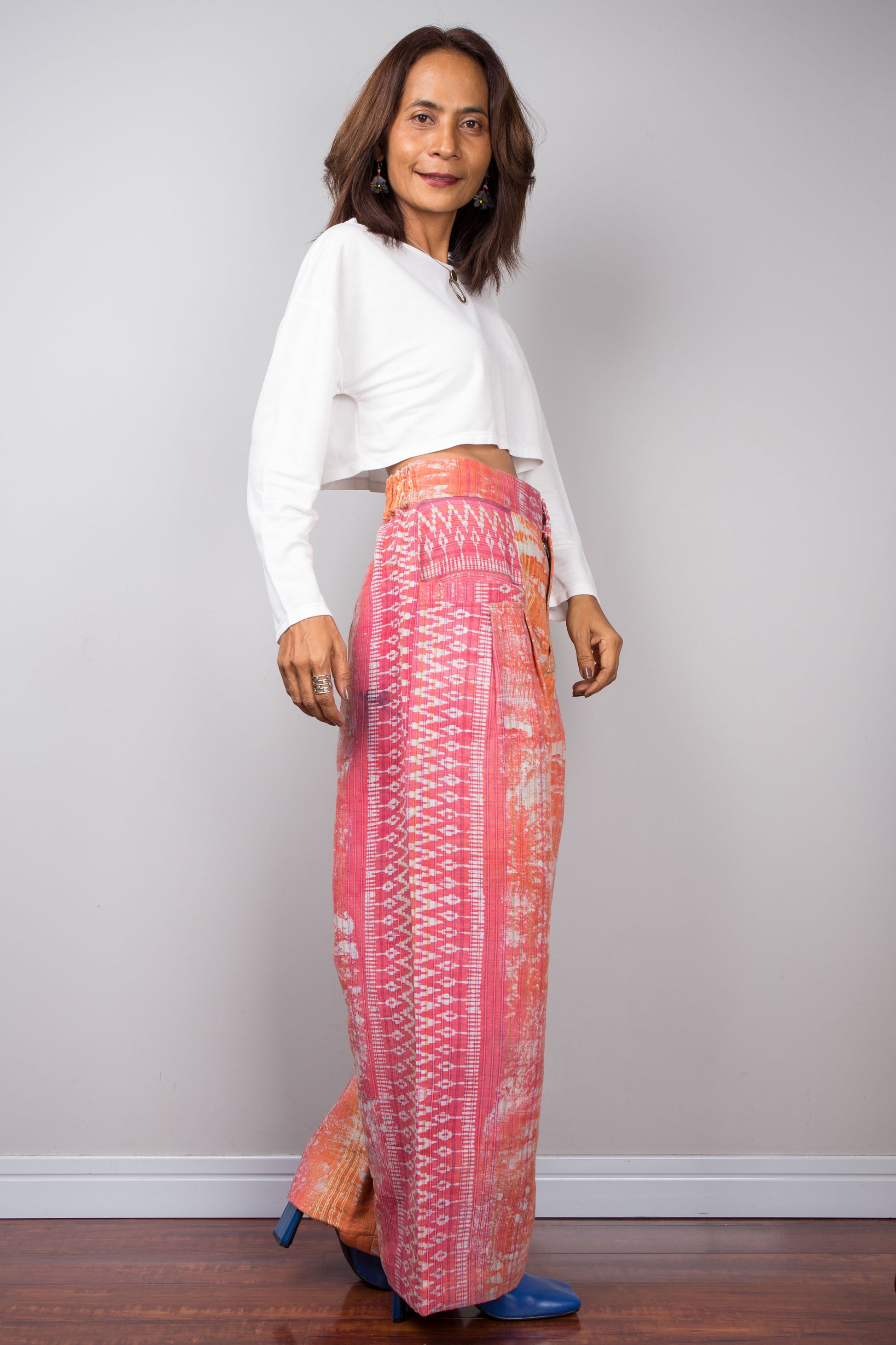 Orange batik pants by Nuichan.  Handwoven hemp pants