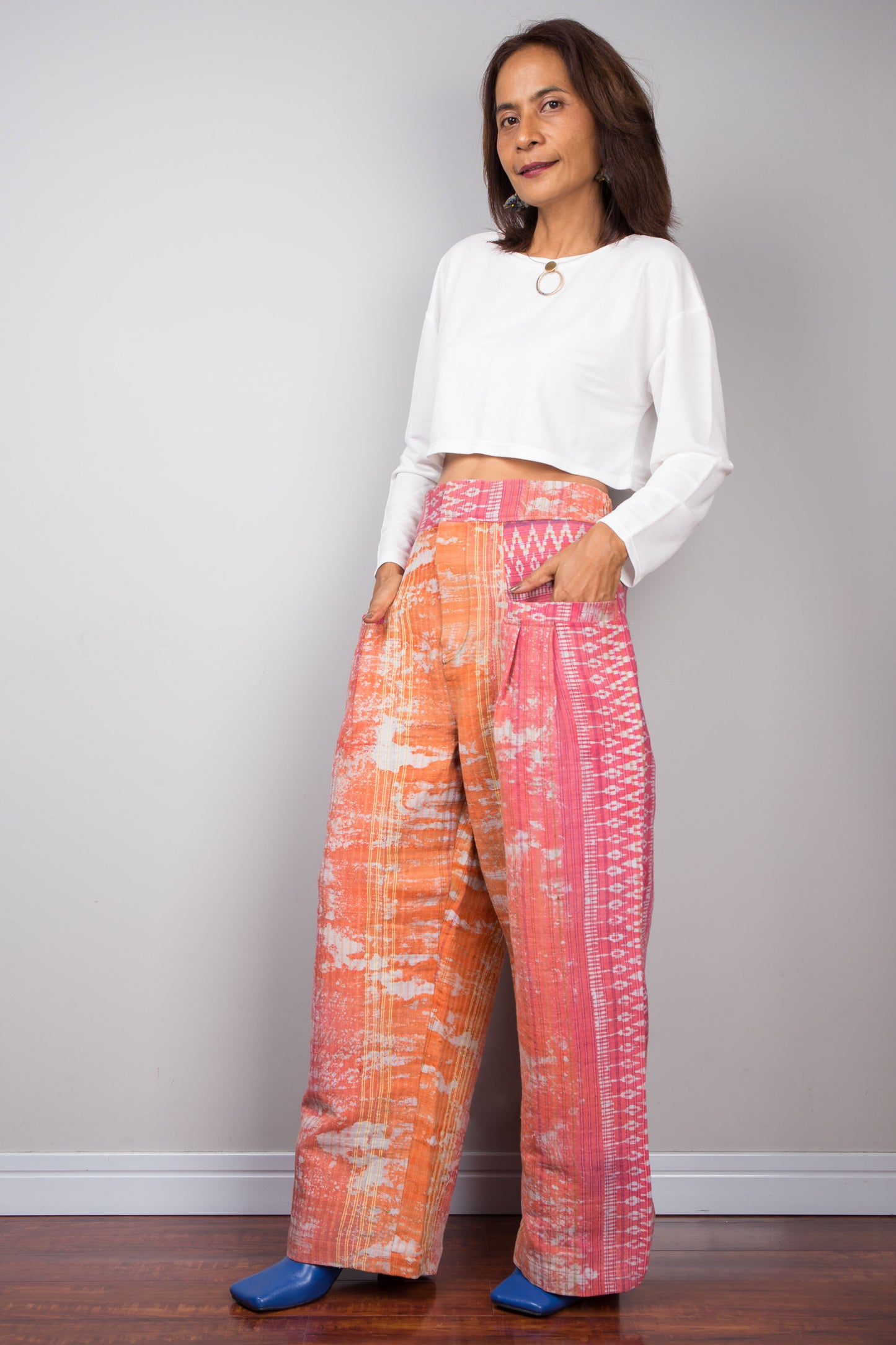 Orange tie dye trousers.  Handwoven hemp pants by Nuichan