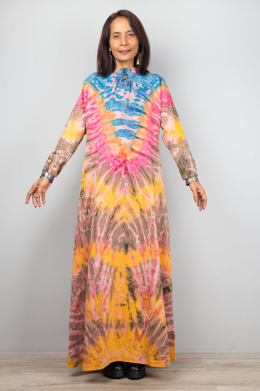 Tie dye long sleeve dress with short mock collar.  Dress with inseam pockets