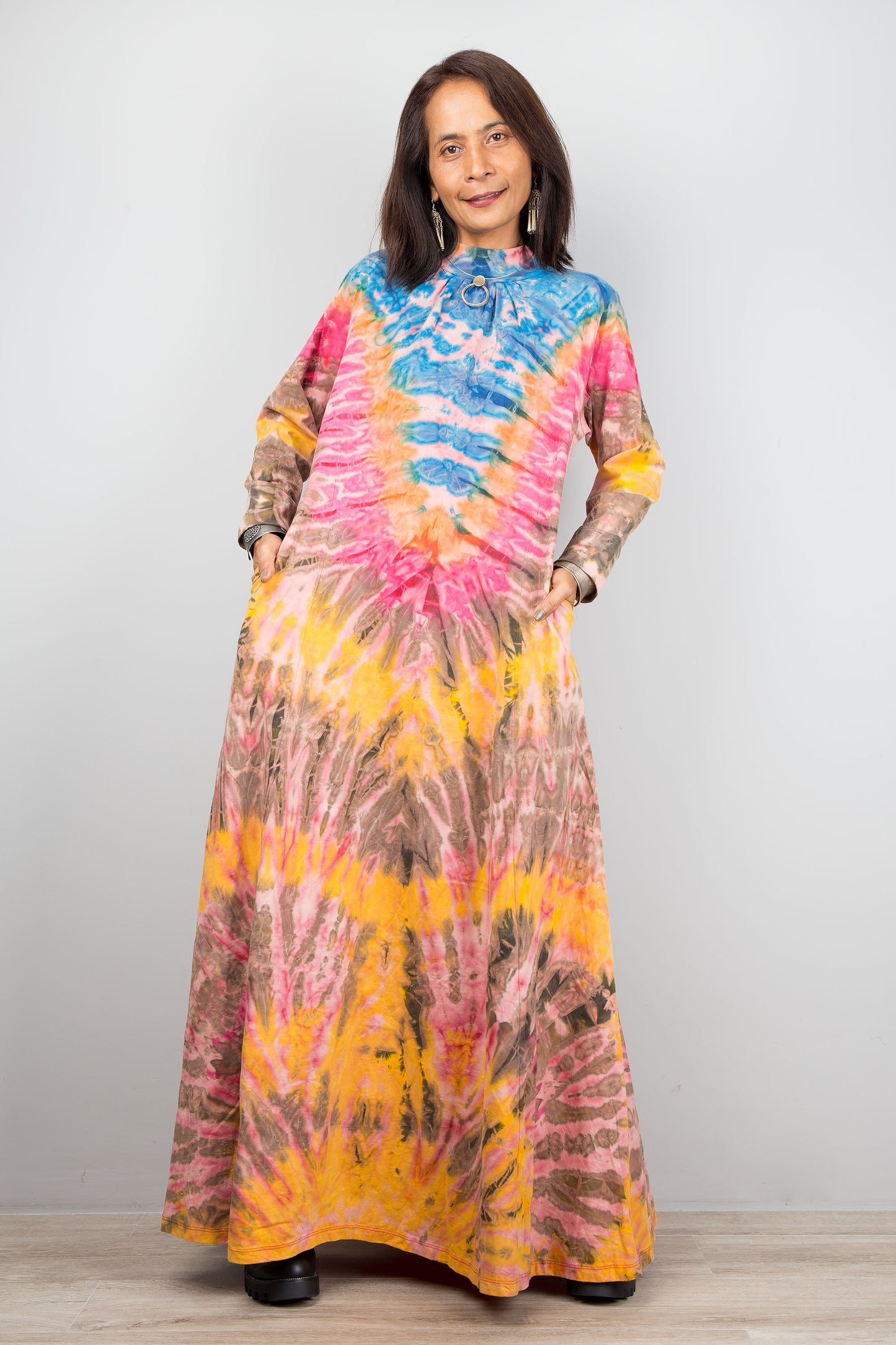 Blue and orange long sleeve tie dye maxi dress with inseam pockets