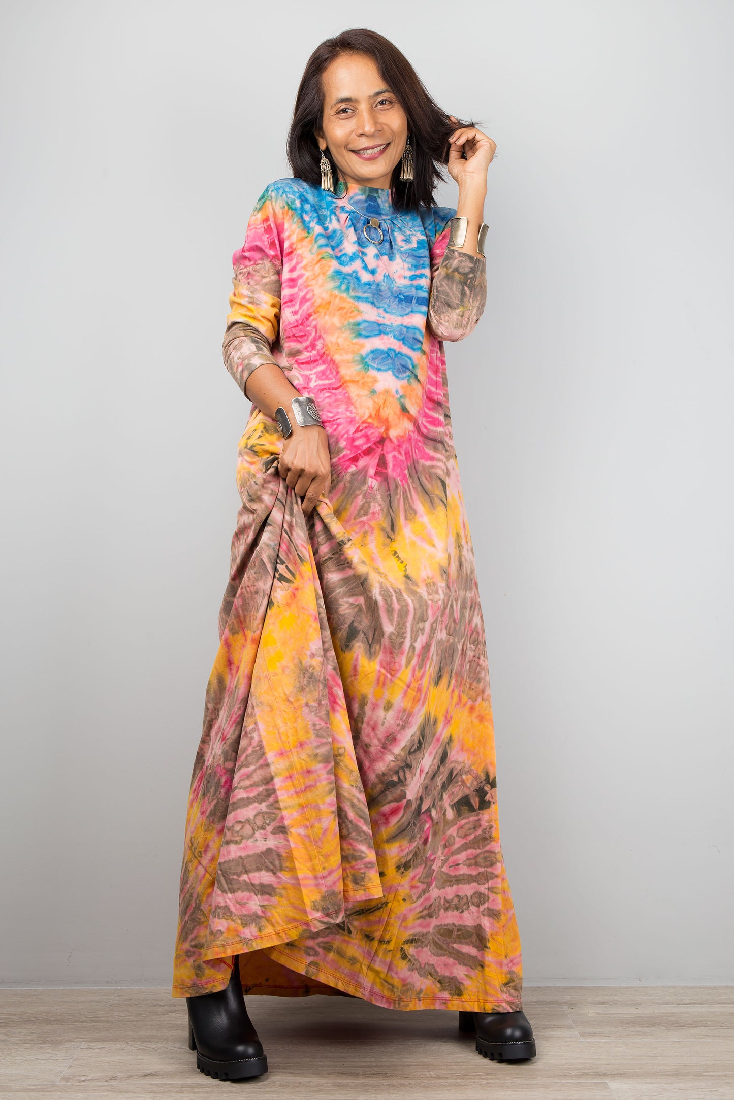 Blue and orange tie dye maxi dress with long sleeves.