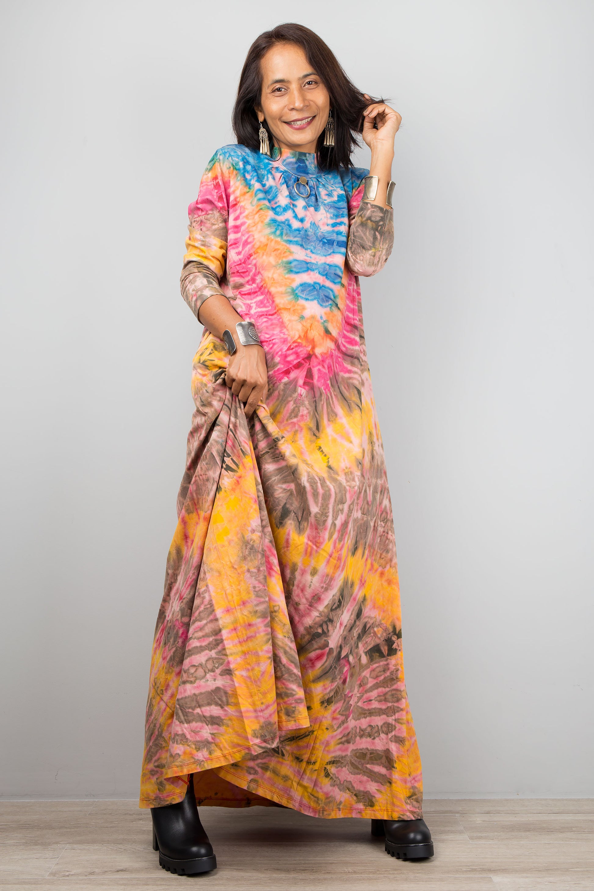 Blue and orange tie dye maxi dress with long sleeves.