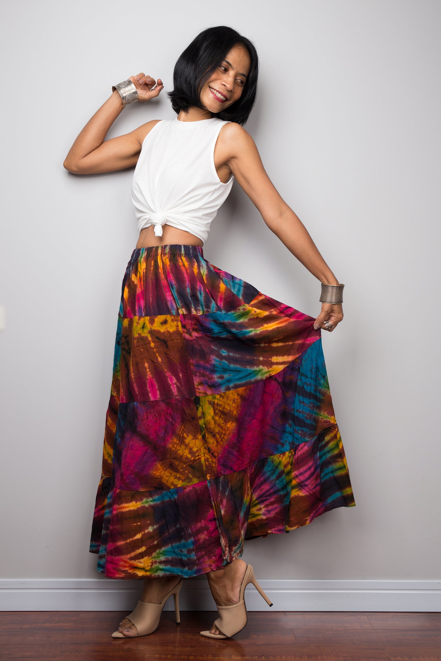 Tie dye smocked skirt by Nuichan. Rainbow hippie skirt