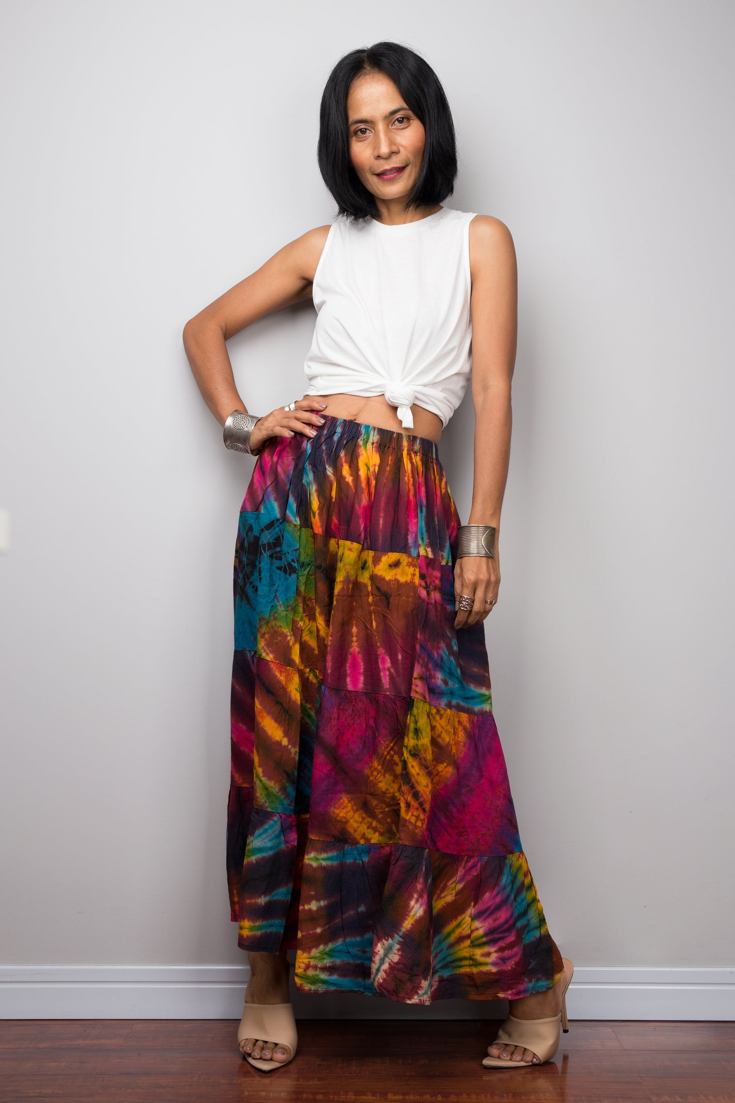 Smocked rainbow skirt by Nuichan.  Tie dye maxi skirt