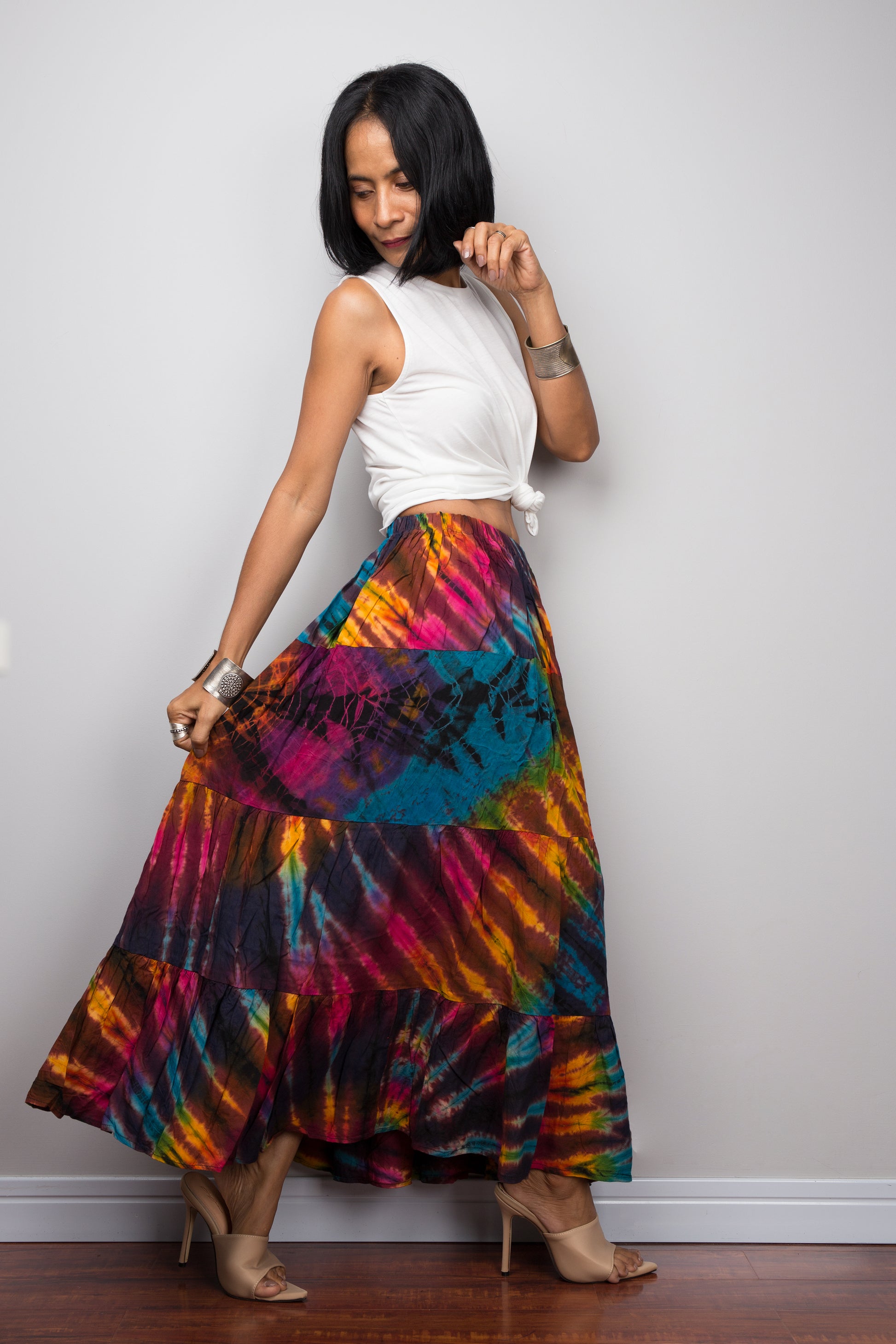 Tie dye maxi skirt by Nuichan.  Elastic at waist