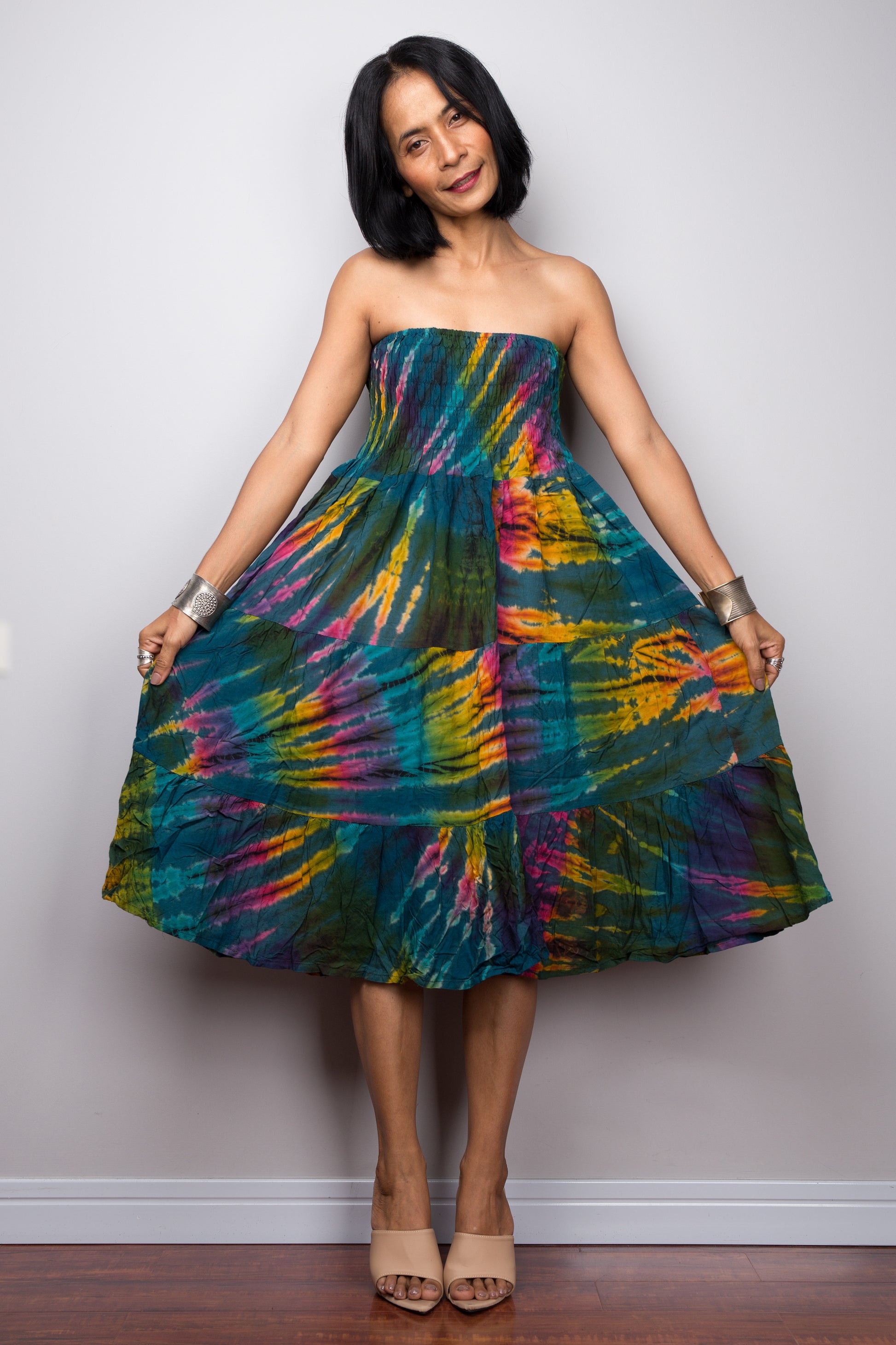 Tied dye smock maxi skirt, can double up as a strapless tie dye dress