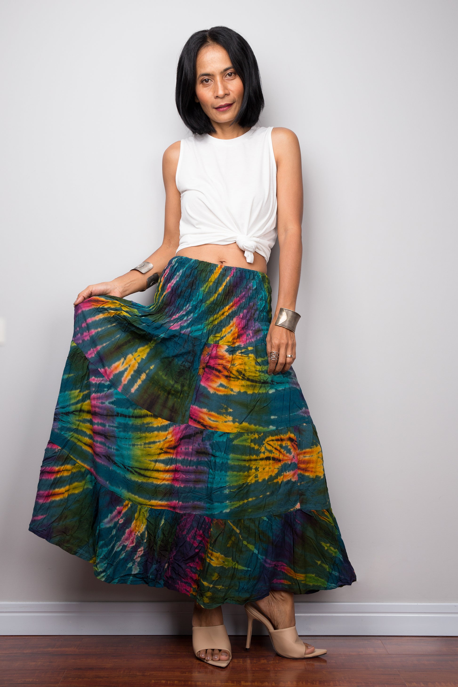 Tie dye smock maxi skirt by Nuichan.  Strapless tie dye dress