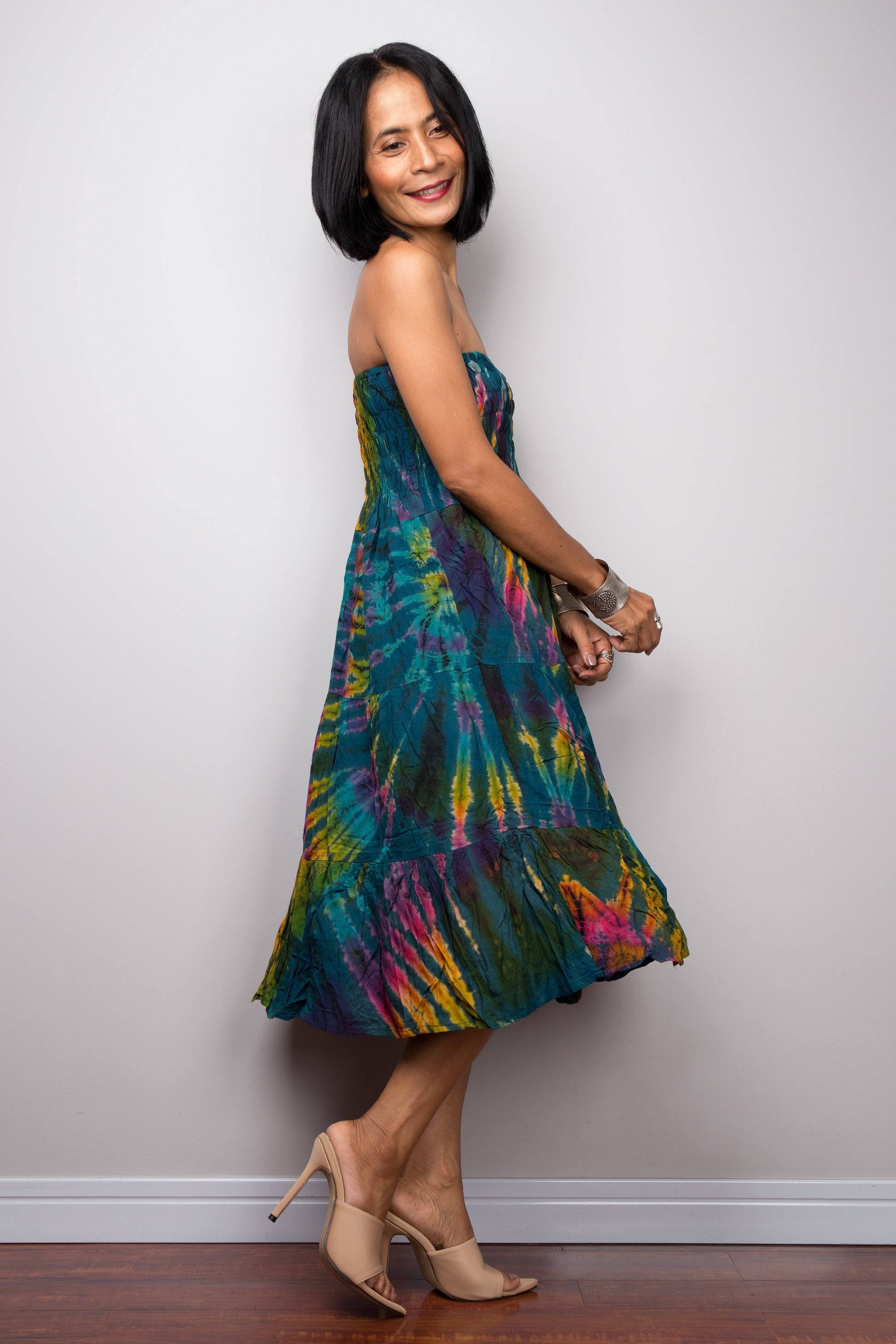 Tie dye smocked skirt by Nuichan.  Strapless tie dye summer dress