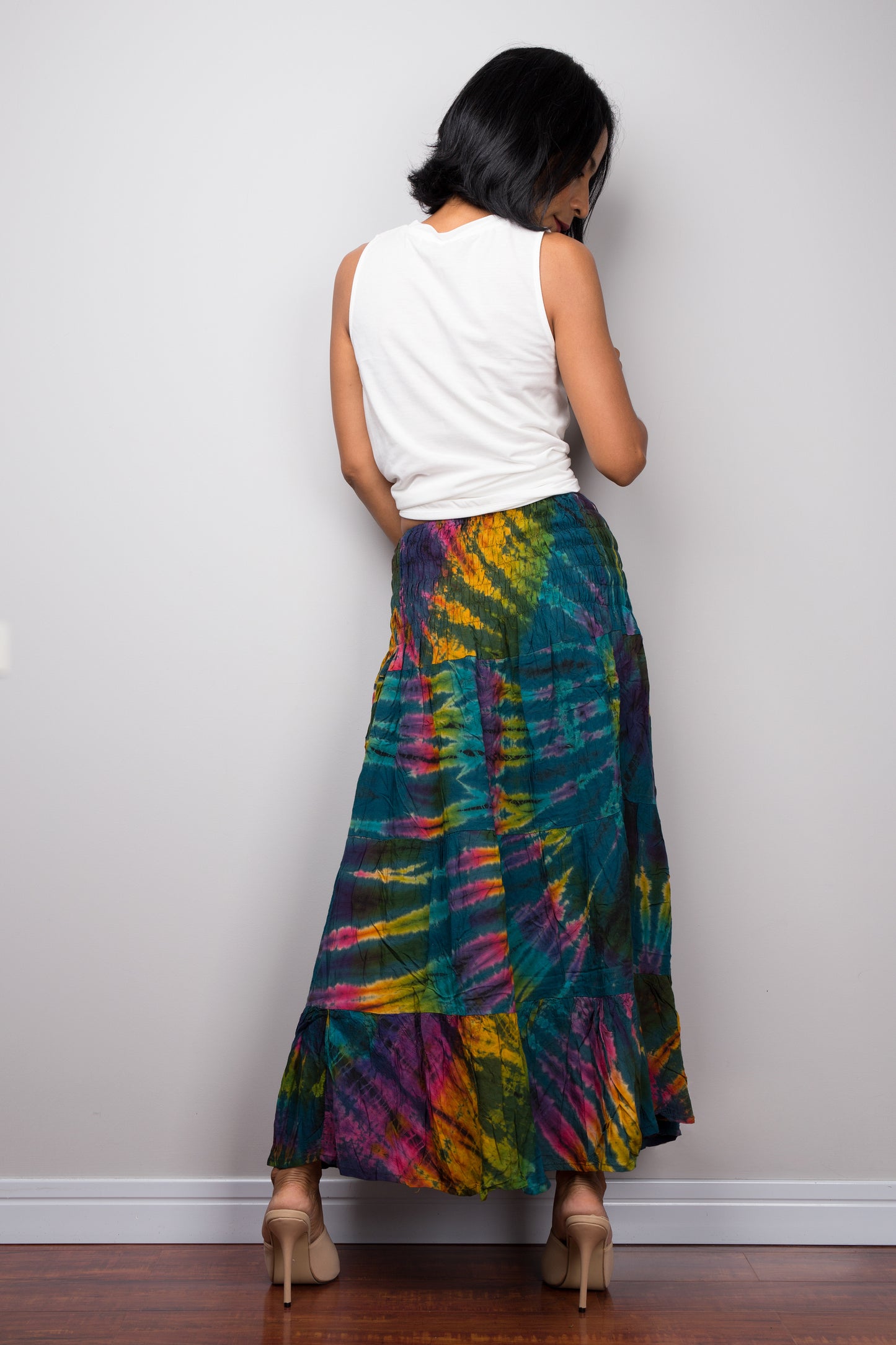 Tie dye smock skirt and strapless dress