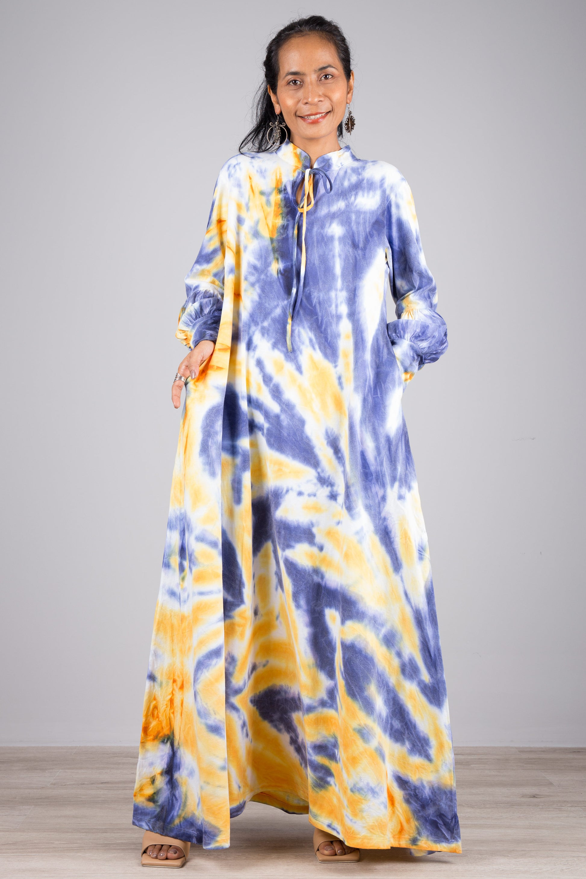 Tie dye maxi dress with bell sleeves. Blue tie dye dress.