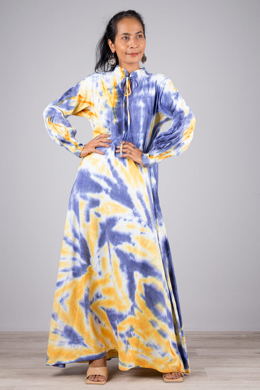 Tie dye dress with bell sleeves. Blue tie dye maxi dress.