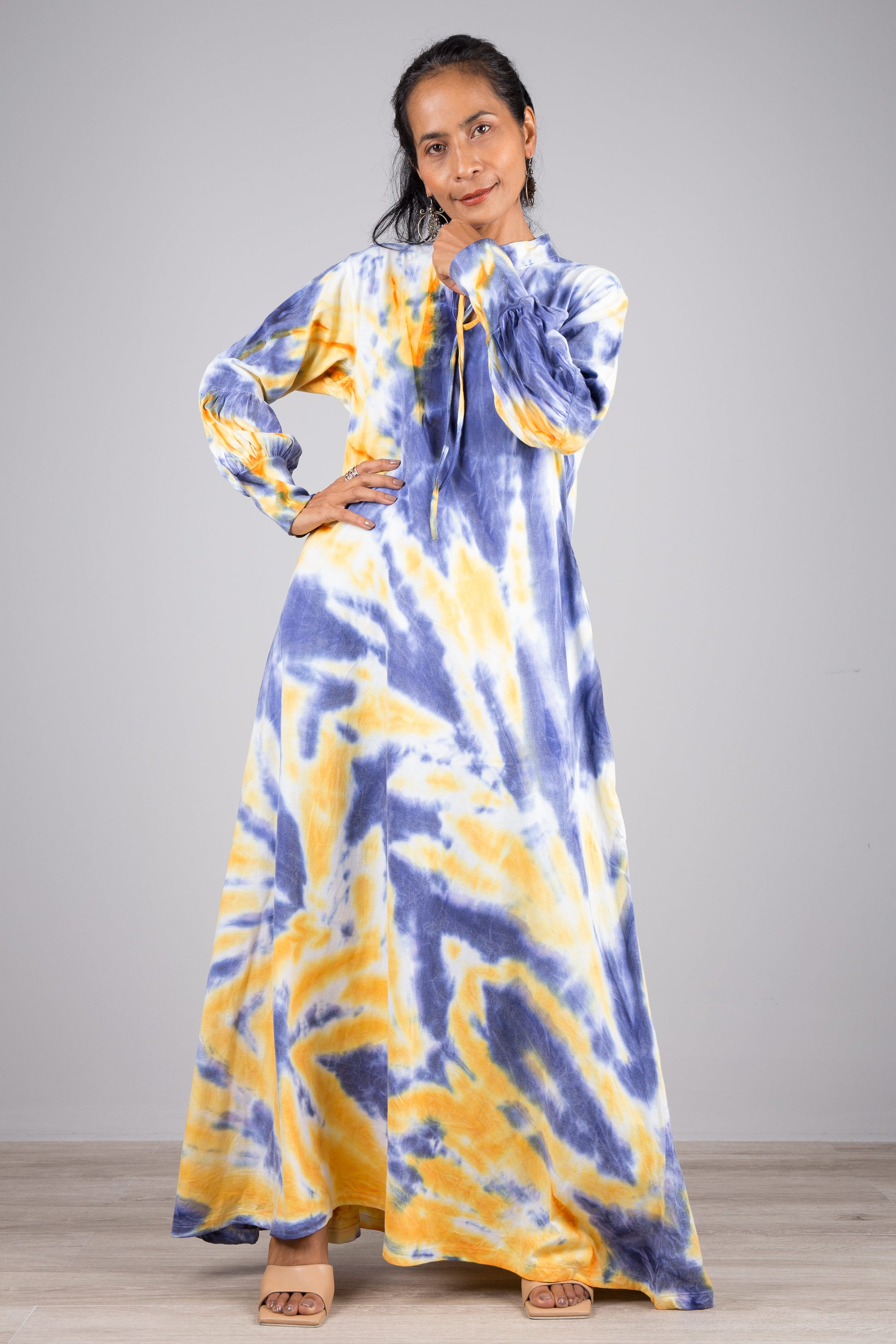 Tie dye dress with bell sleeves. Blue tie dye maxi dress by Nuichan