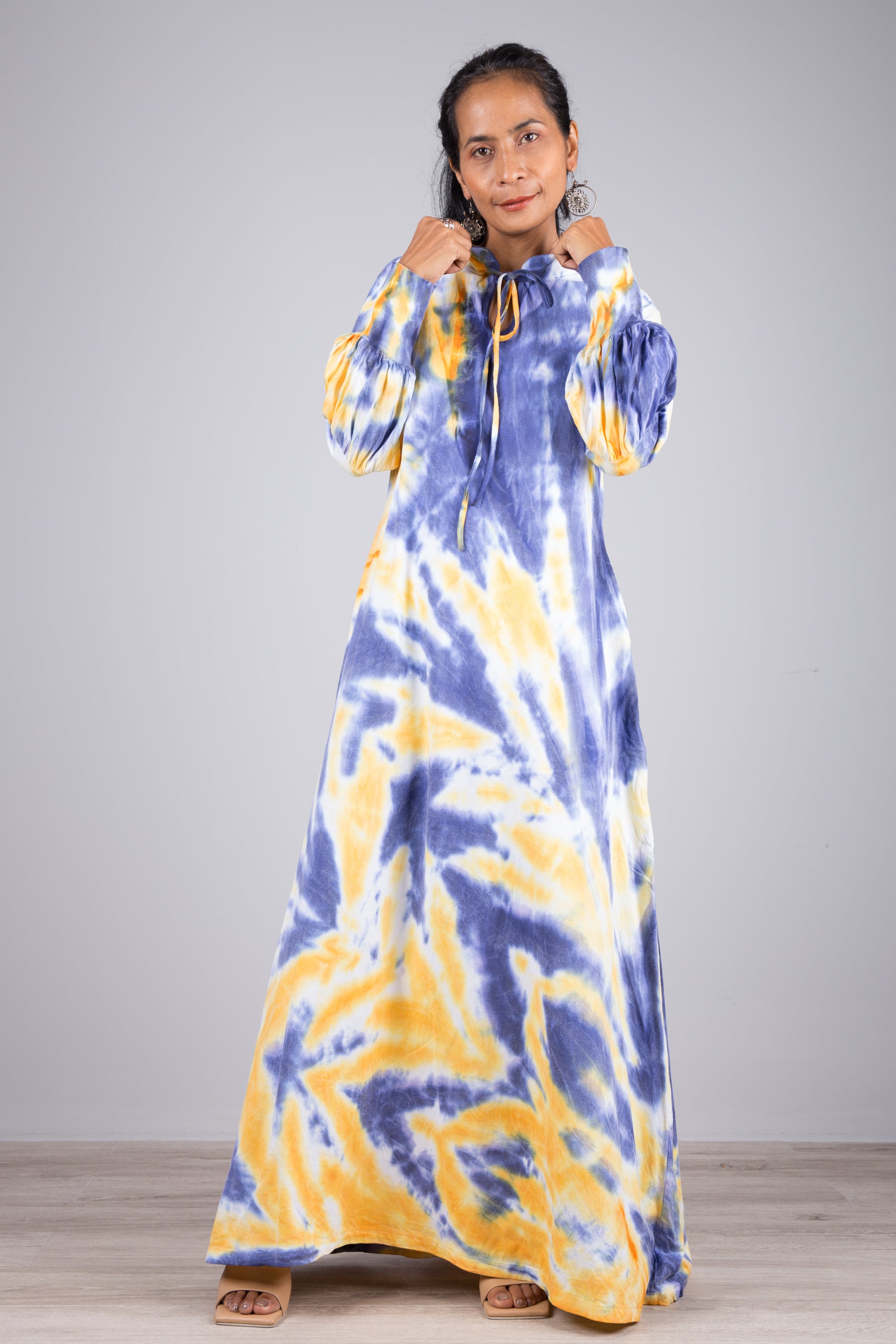 Tied dye dress with bell sleeves. Blue tie dye maxi dress.