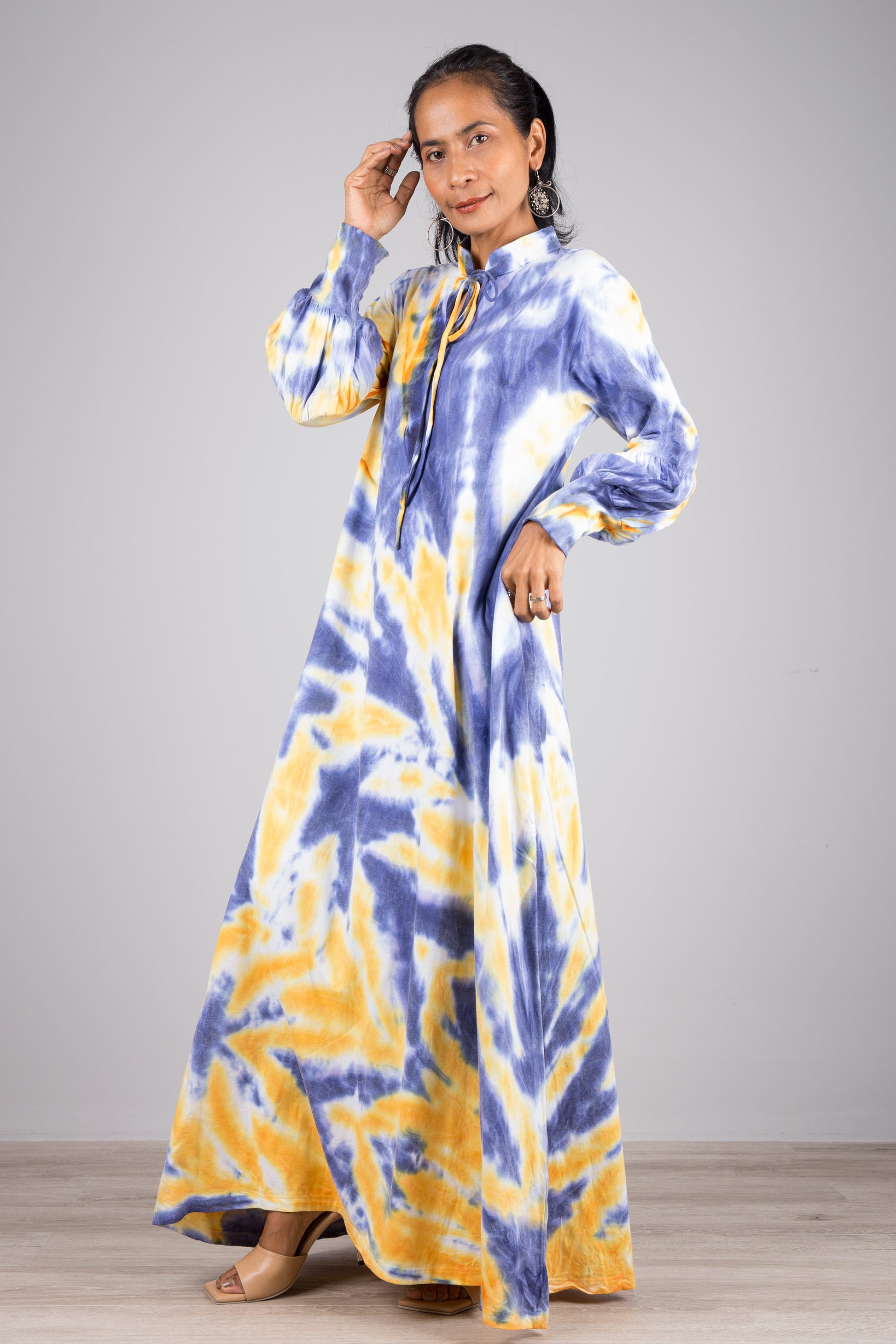 Tie-dye dress with bell sleeves. Blue tie dye maxi dress.