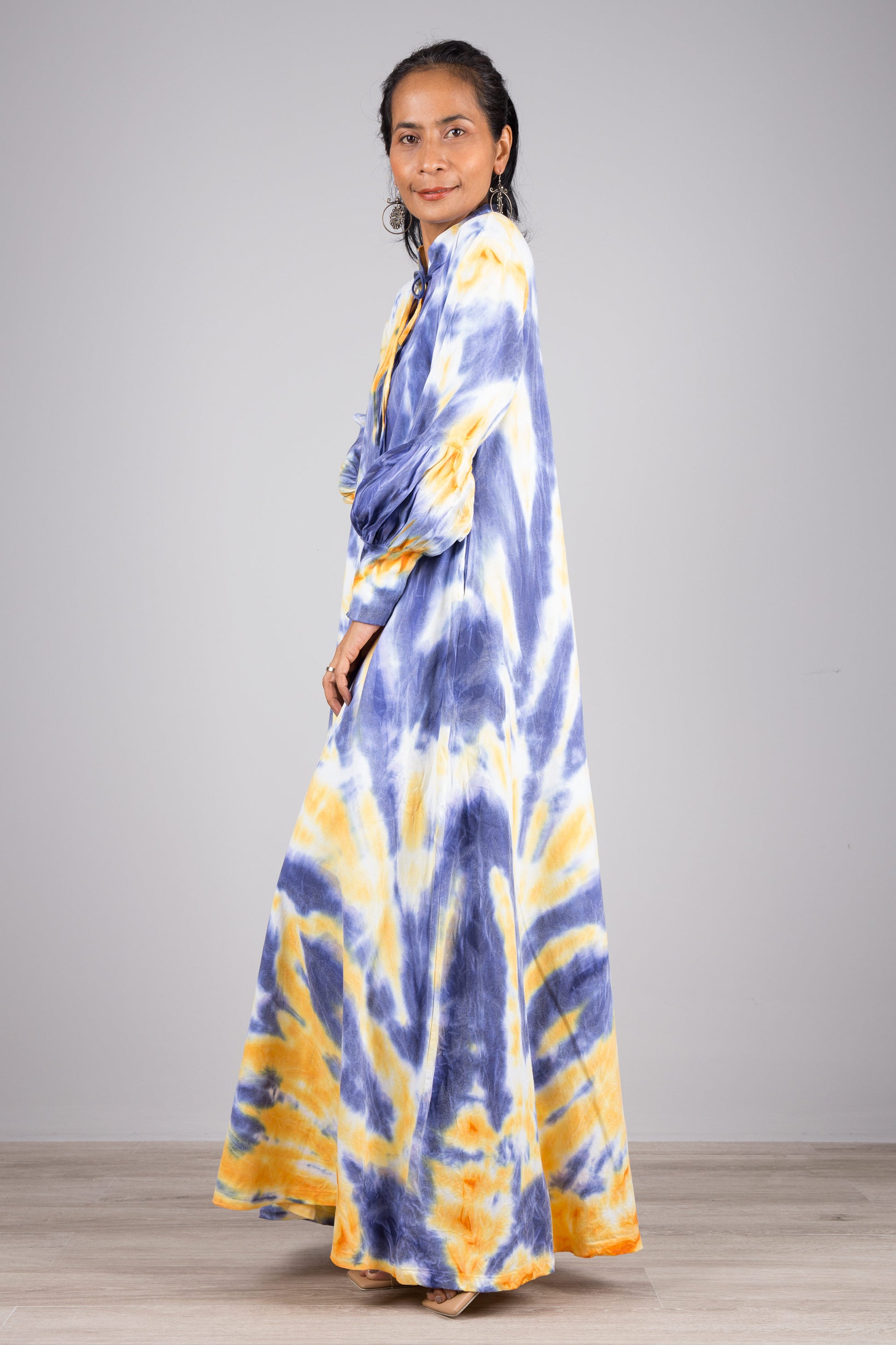 Tie-dye dress with bell sleeves. Blue tie dye maxi dress by Nuichan