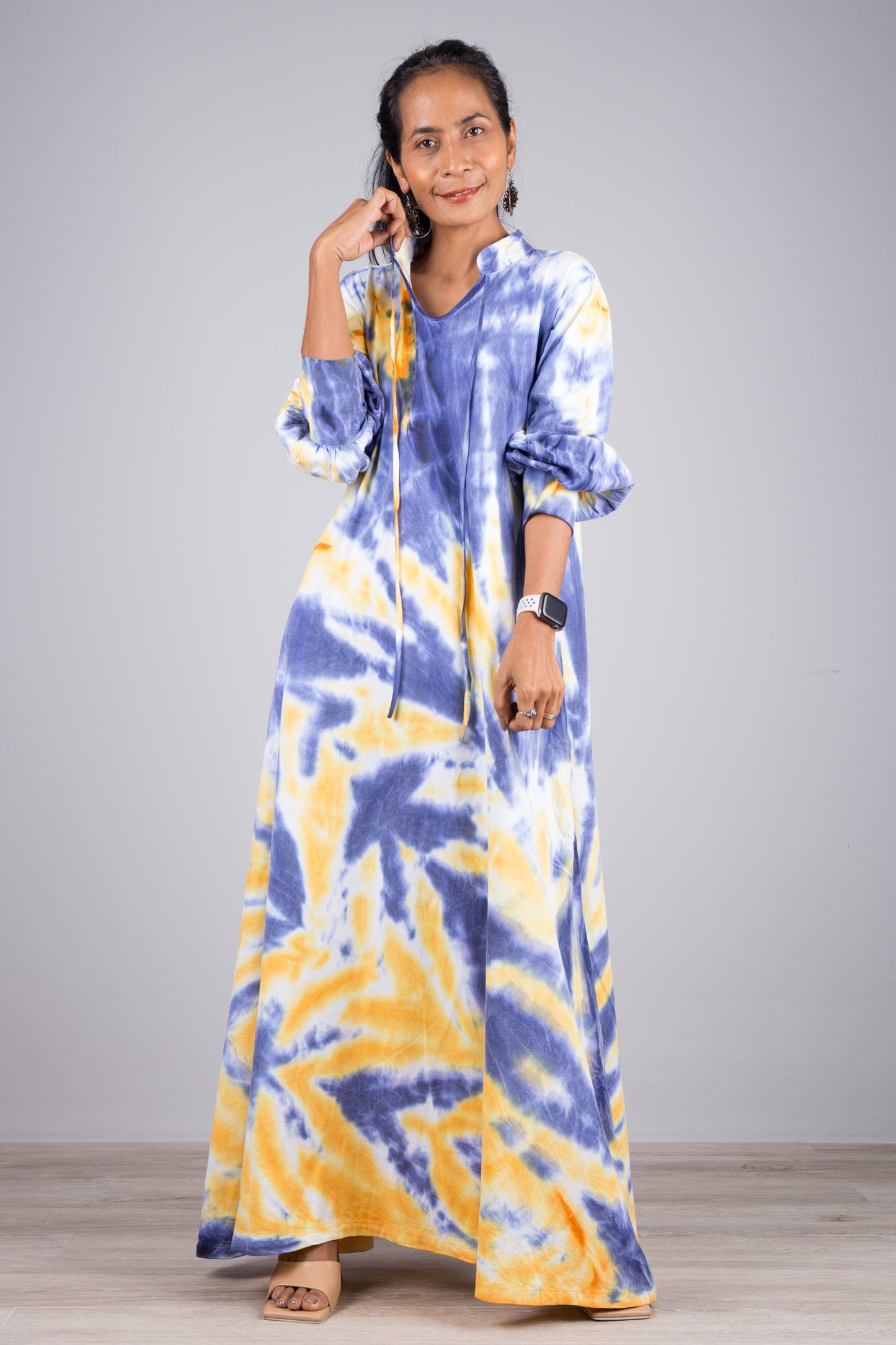 Tie-dye dress with bell sleeves. Blue and yellow tie dye maxi dress by Nuichan