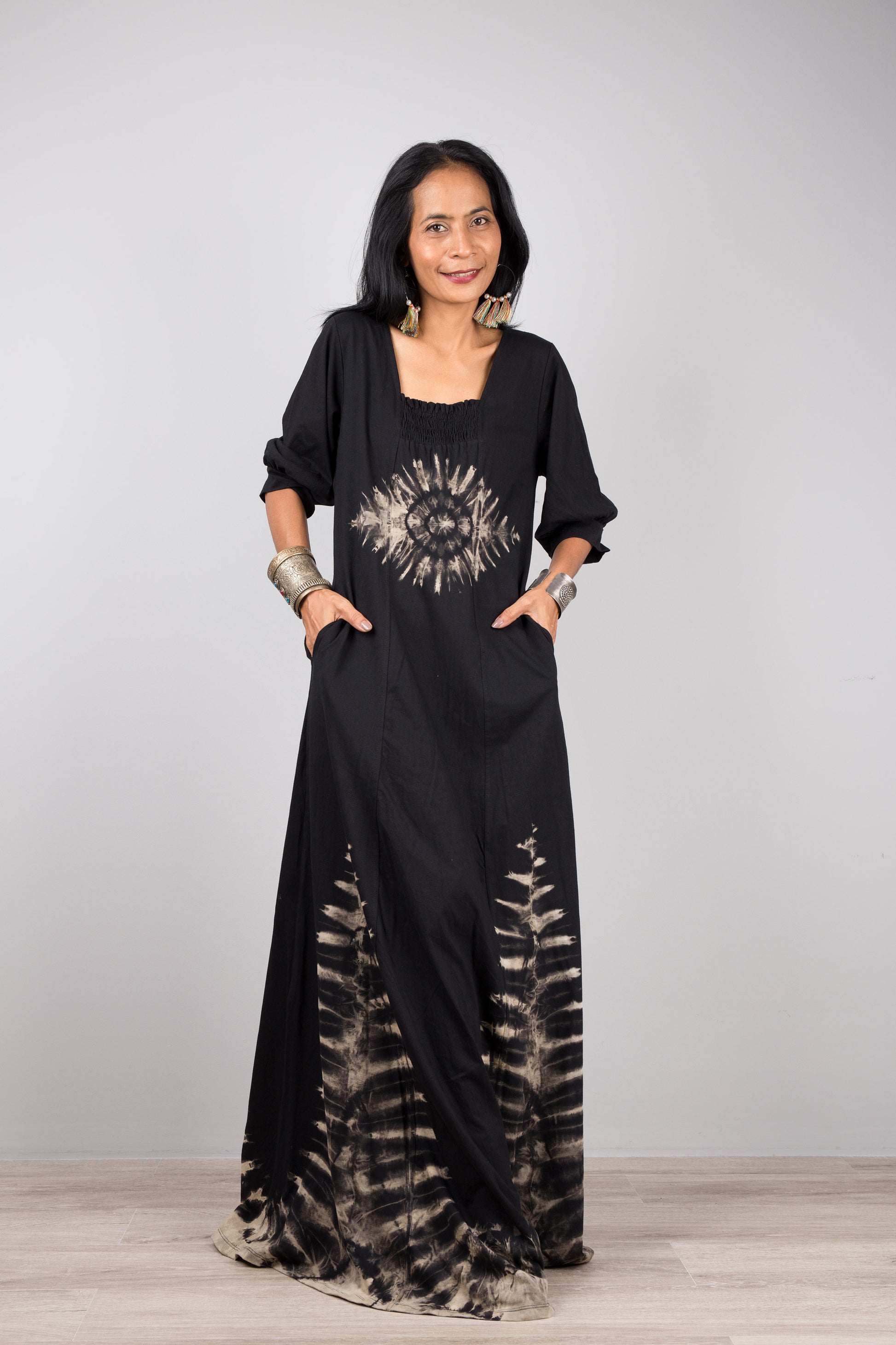 Black cotton Tie Dye Maxi Dress with Pockets. Reverse tie dye dress