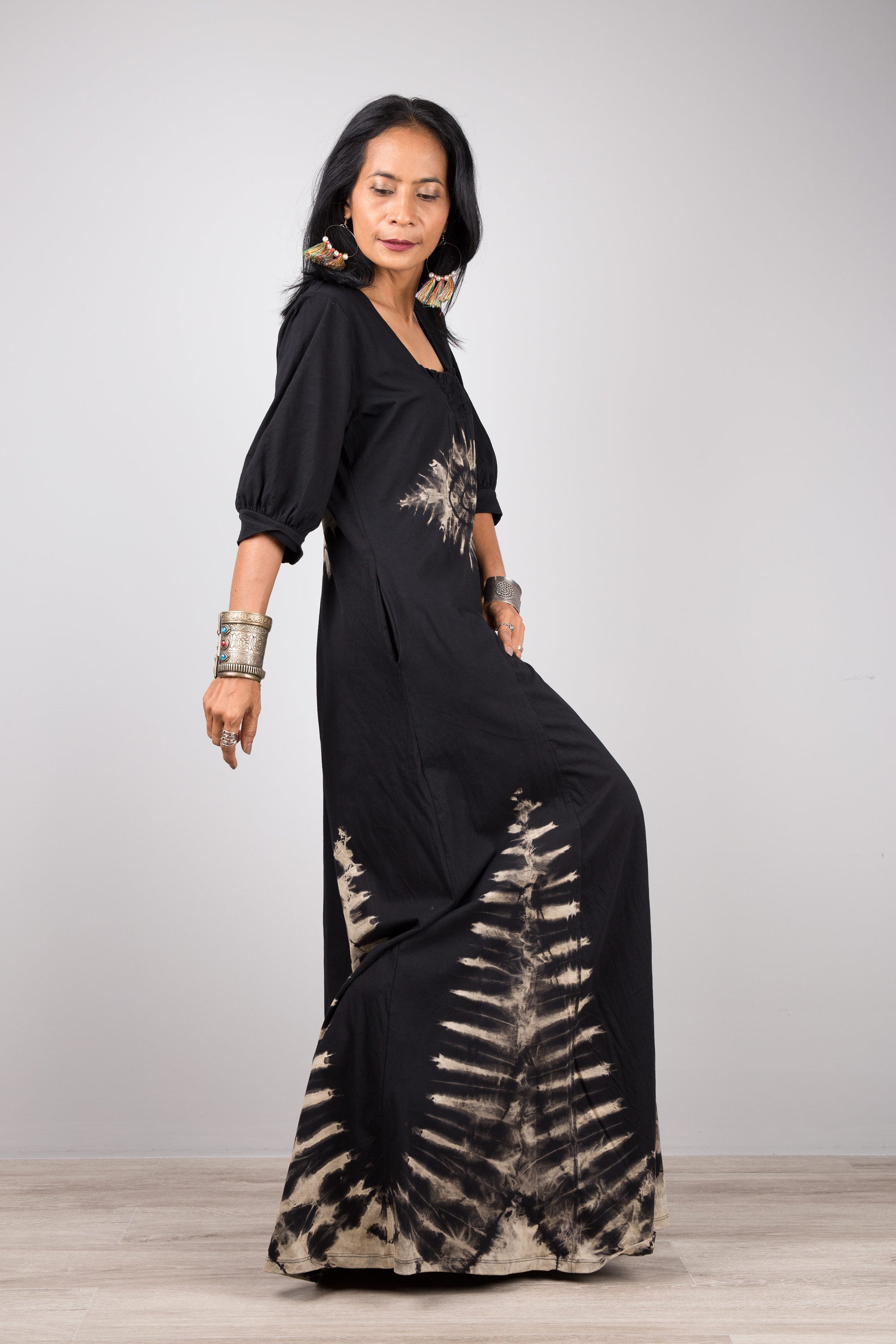 Black Cotton Tie Dye Maxi Dress with Pockets. Reverse tie dye dress