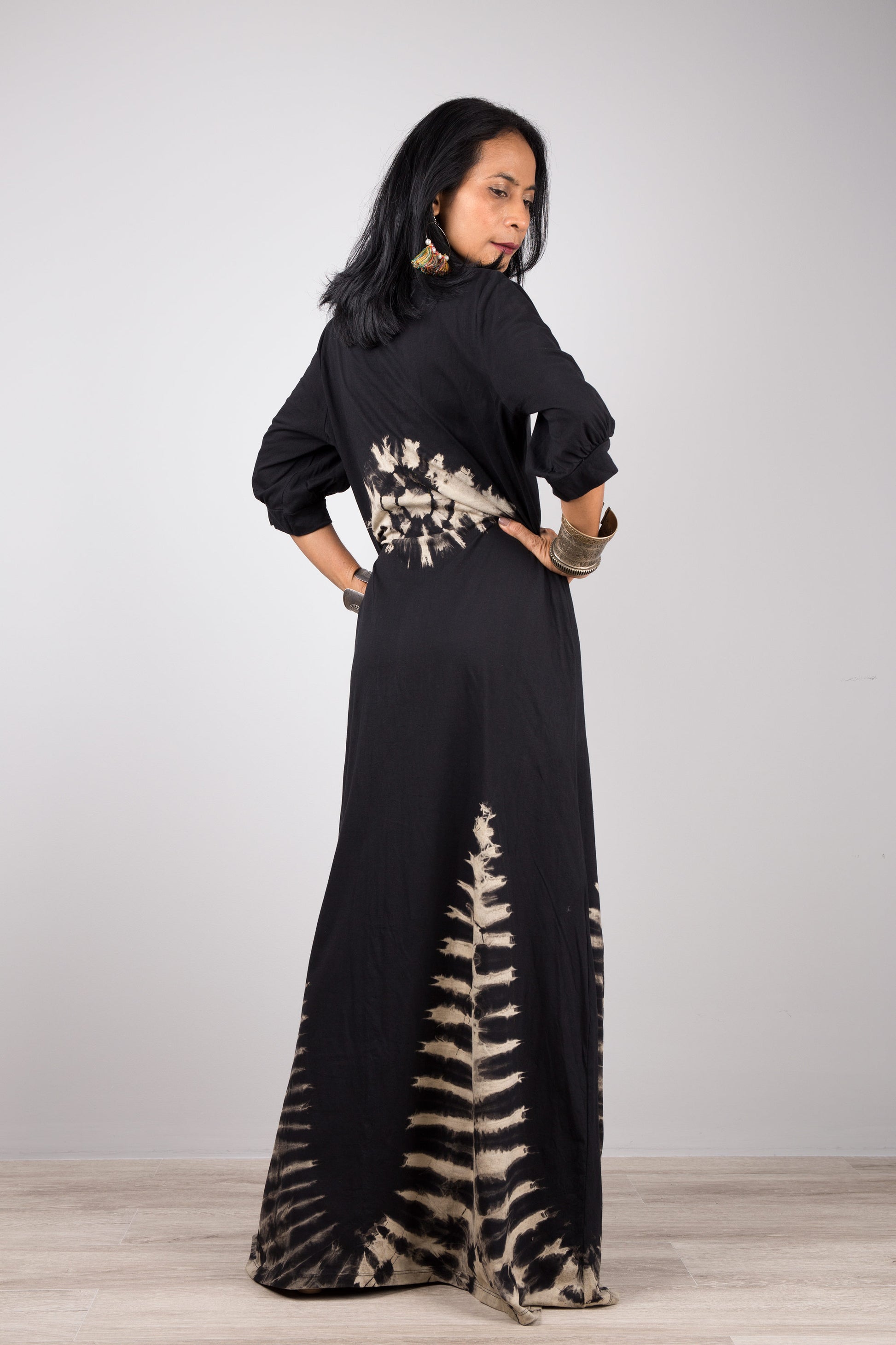 Black Tied Dye Maxi Dress with Pockets. Reverse tie dye dress