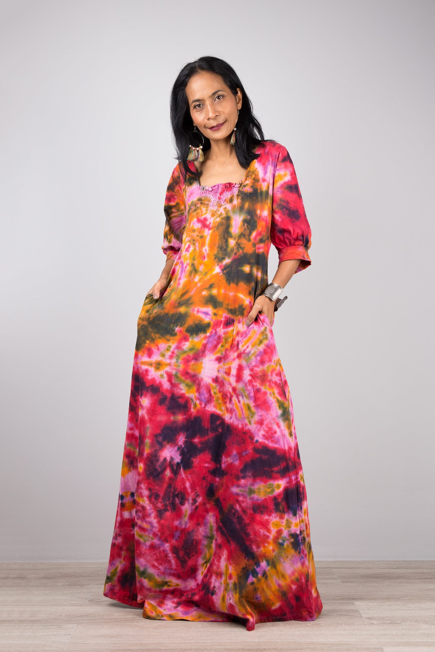 Pink , orange cotton tie dye maxi dress with pockets