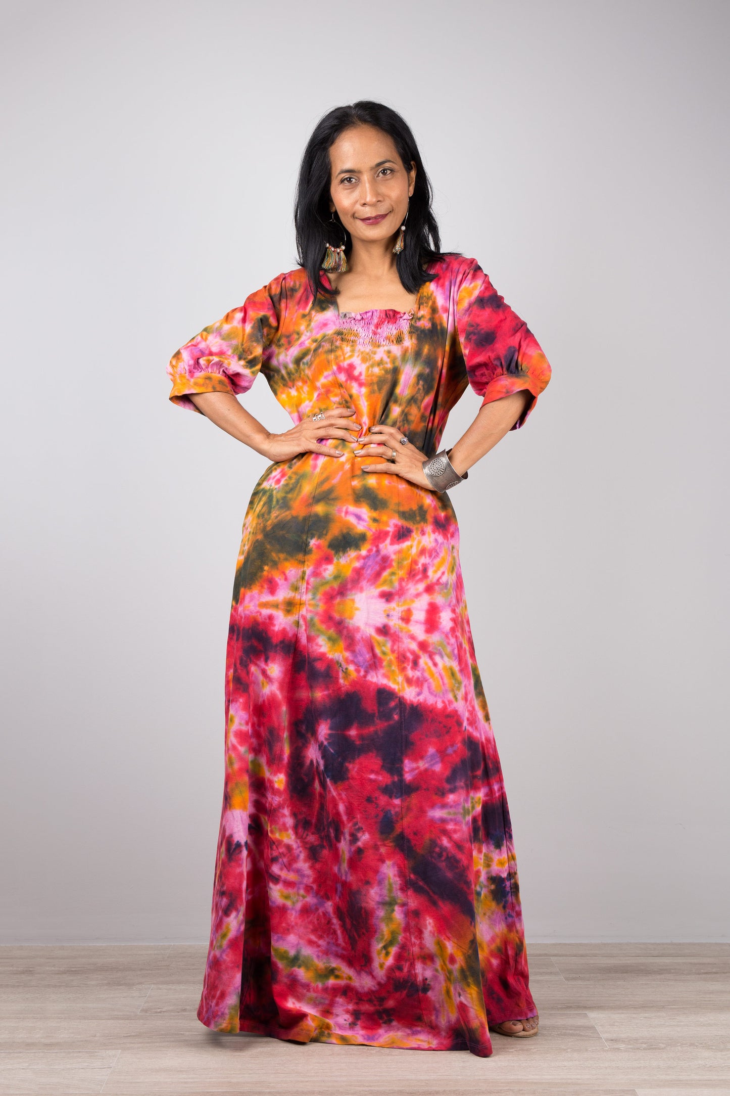 Pink cotton tie dye maxi dress with pockets