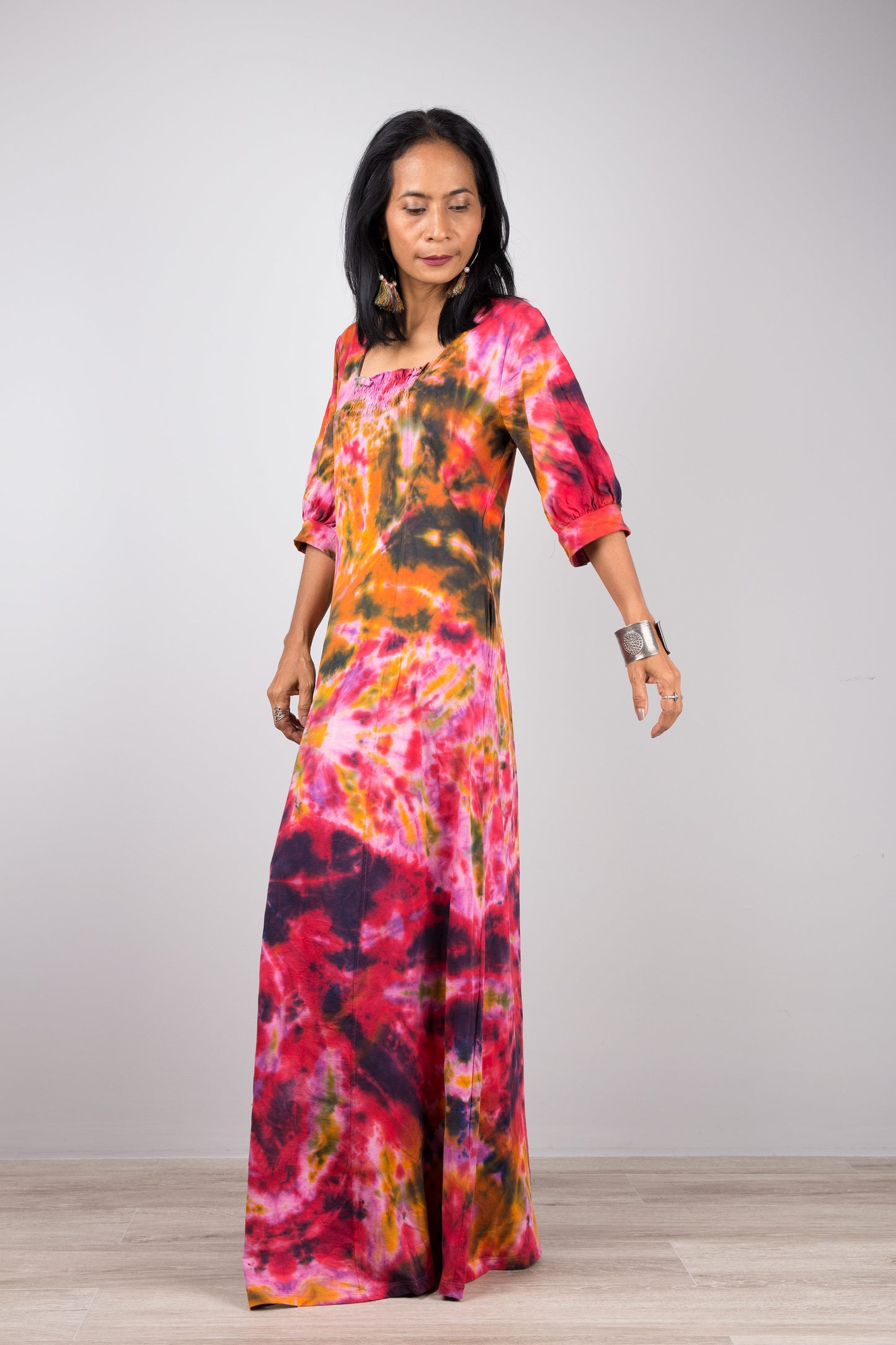 Pink cotton tied dye maxi dress with pockets