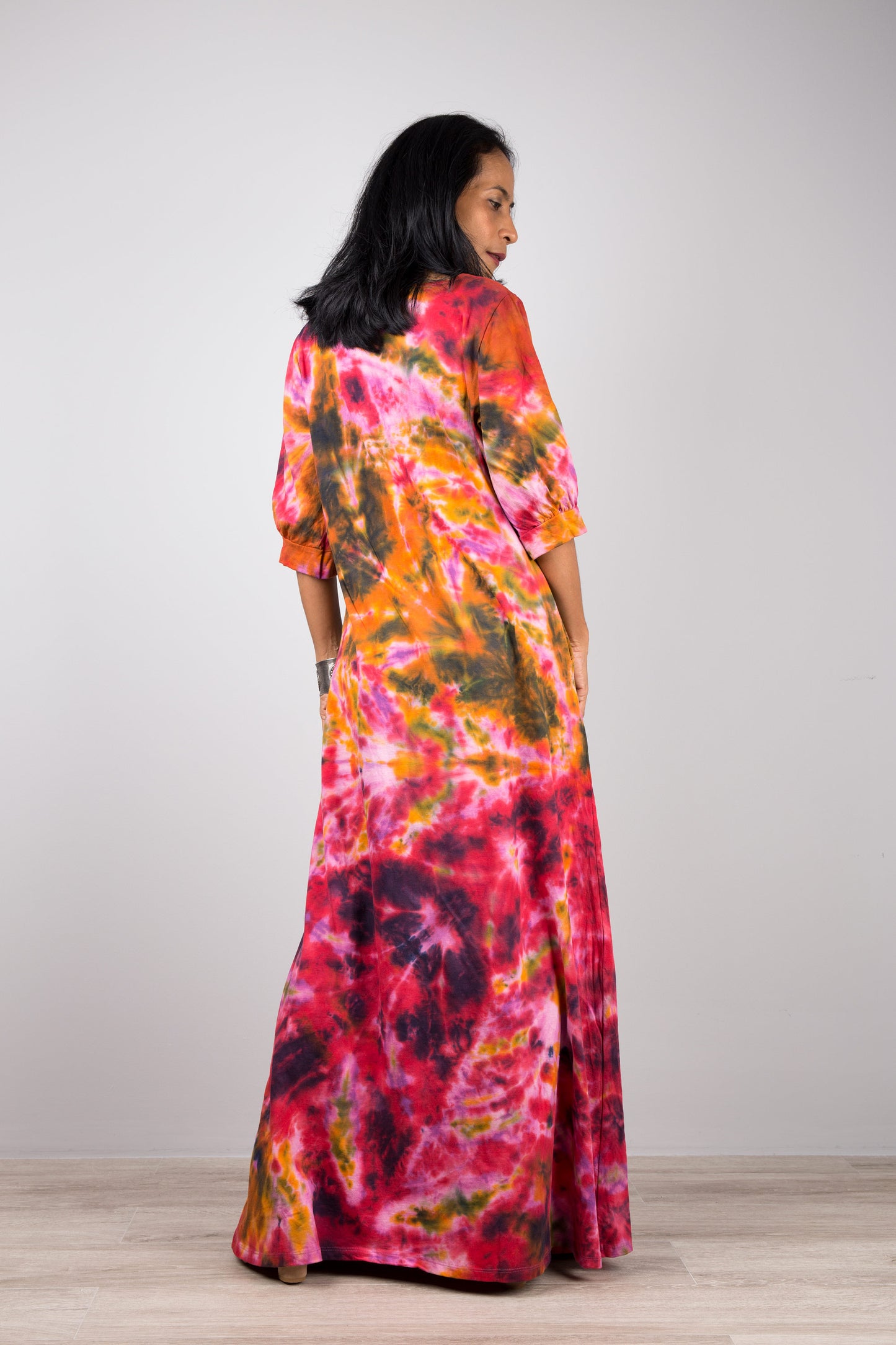 Pink, purple cotton tie dye maxi dress with pockets