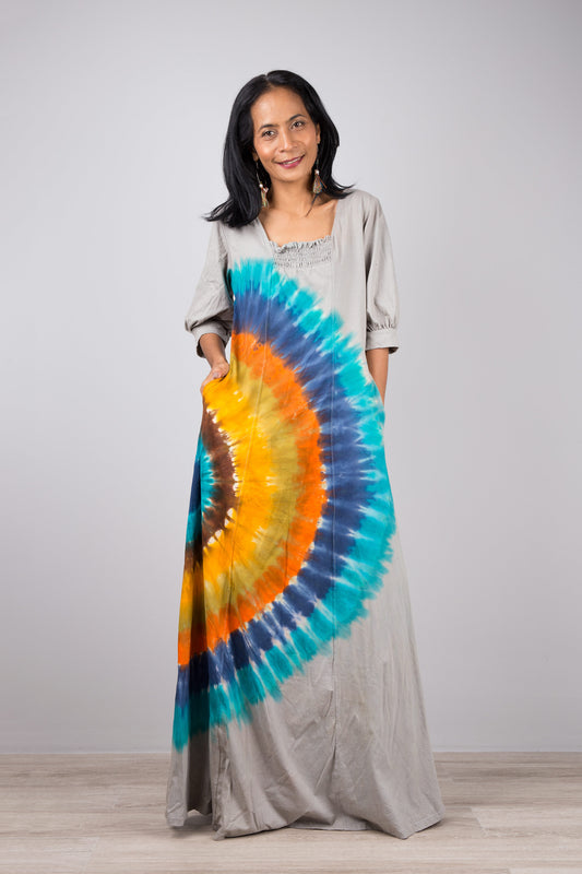 Rainbow Tie Dye Maxi Dress with Pockets. Cotton maxi dress with 3/4 sleeves