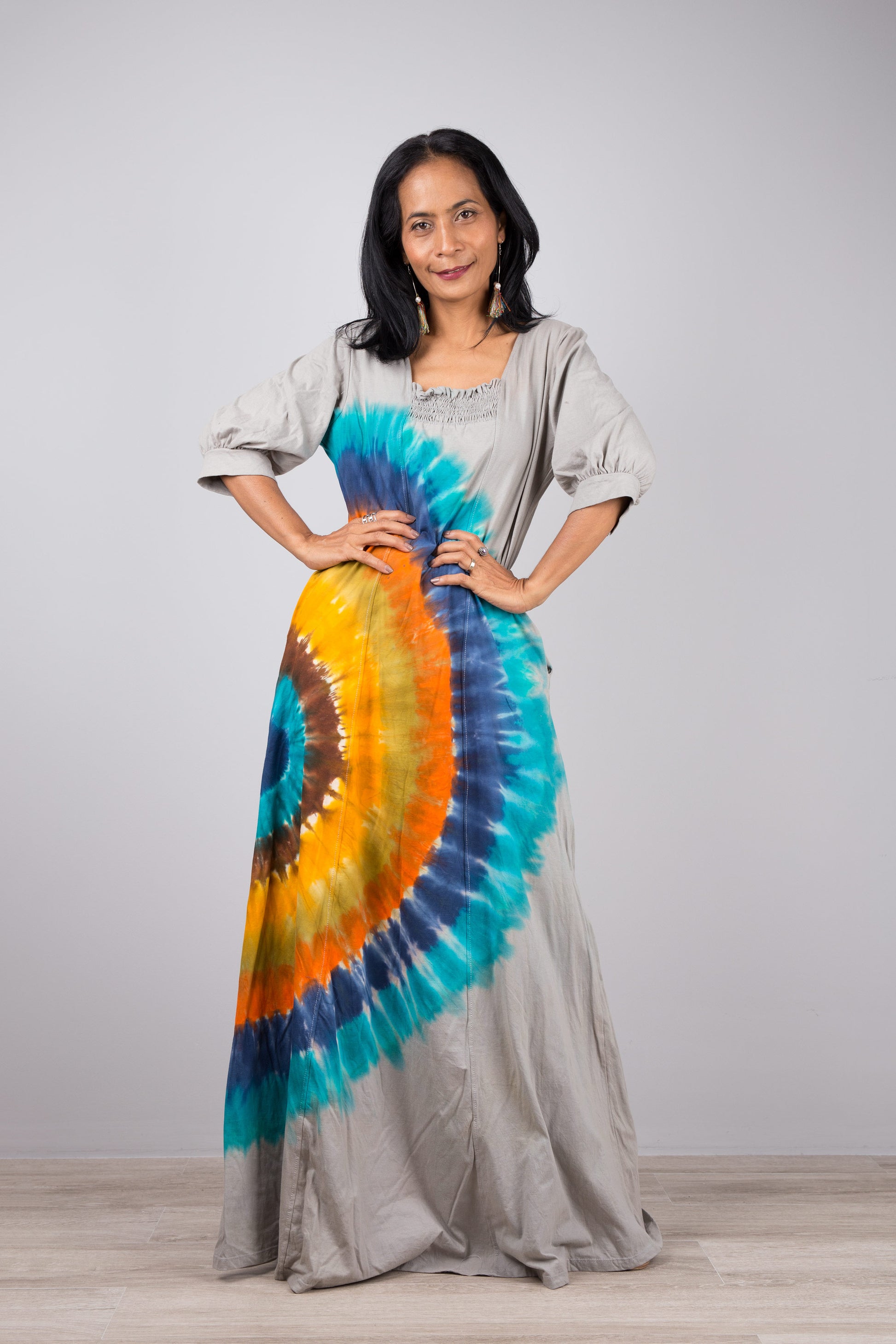 Rainbow Cotton Tie Dye Maxi Dress with Pockets