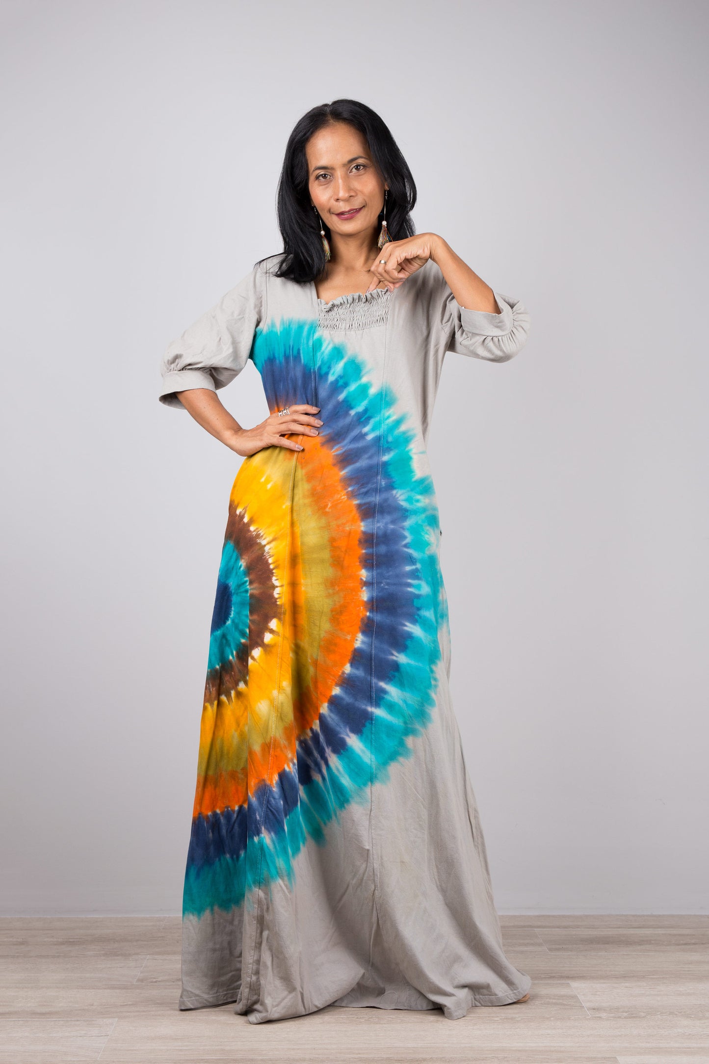 Rainbow Tie Dye Maxi Dress with Pockets and 3/4 sleeves.