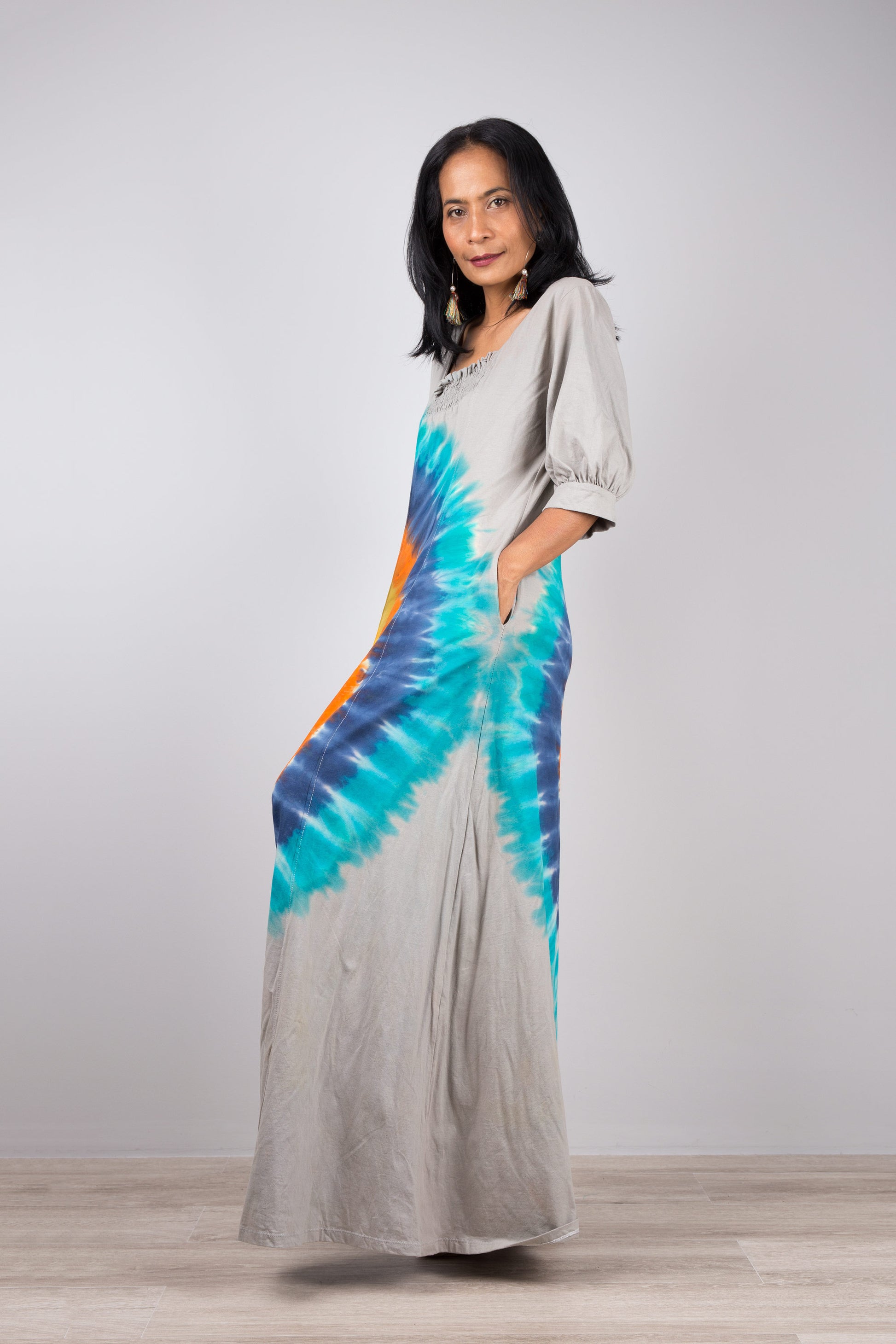 Cotton Tied Dye Maxi Dress with Pockets