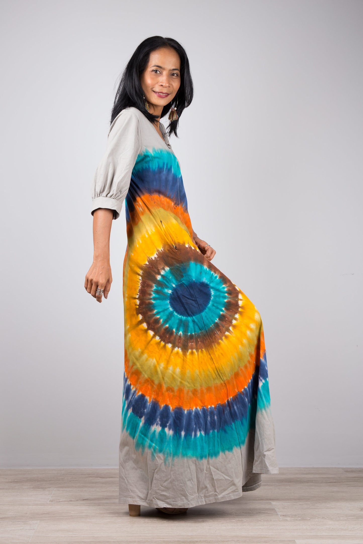 Rainbow Tie Dye Maxi Dress with Pockets, U shaped neckline