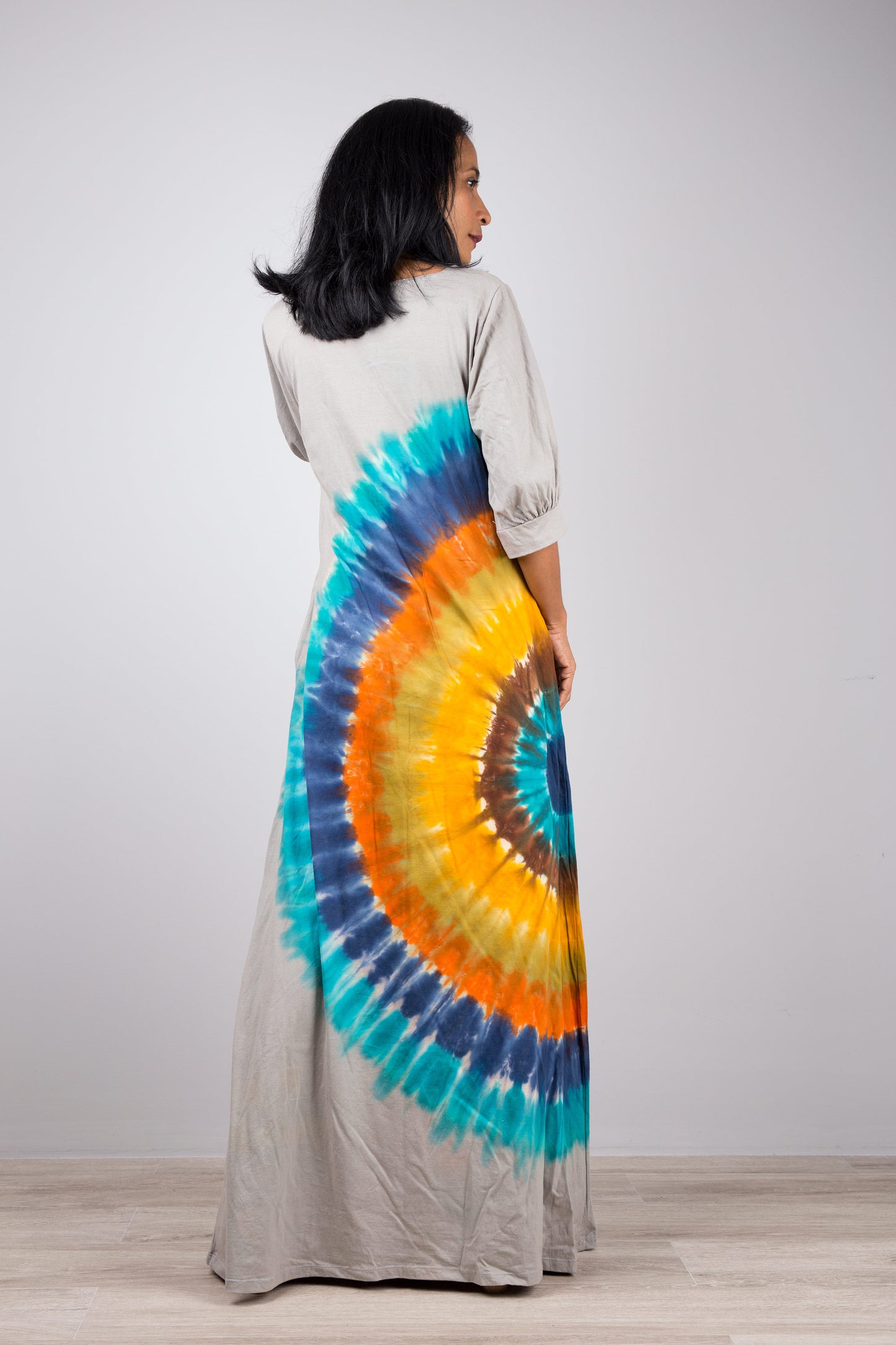 Cotton Tie Dye Maxi Dress with Pockets, U shaped neckline