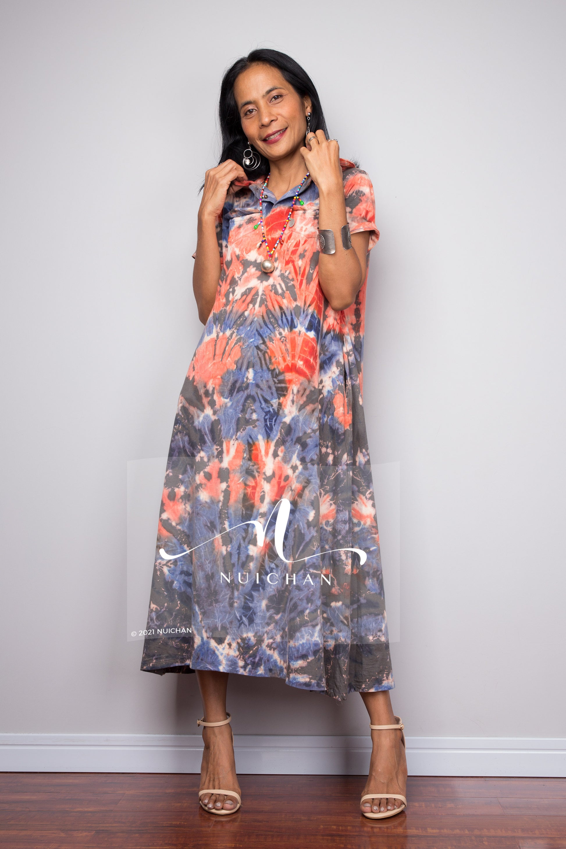 Tie dye midi summer dress with buttoned collar by Nuichan