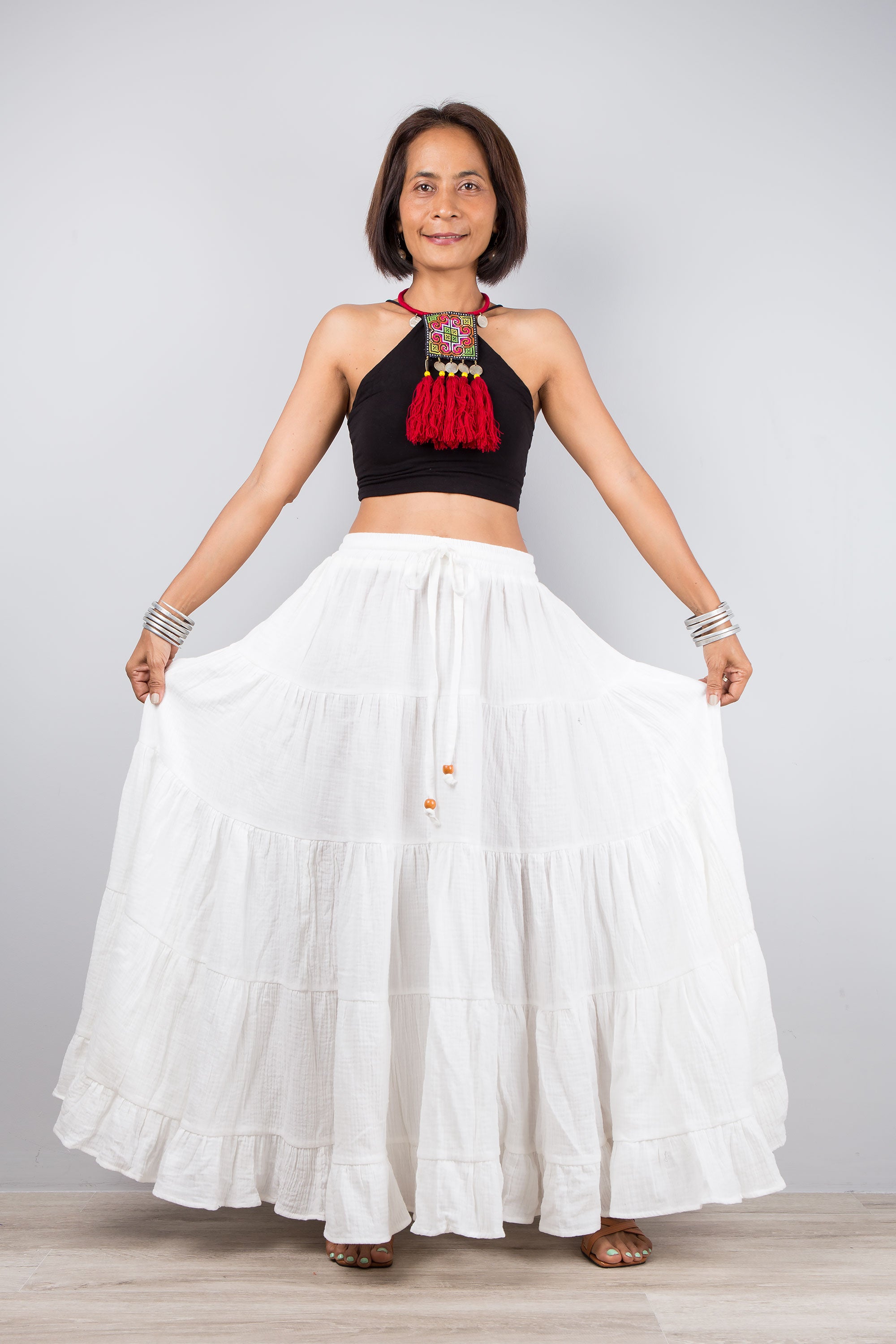 Tiered white skirt. High waist cotton skirt for women. Nuichan