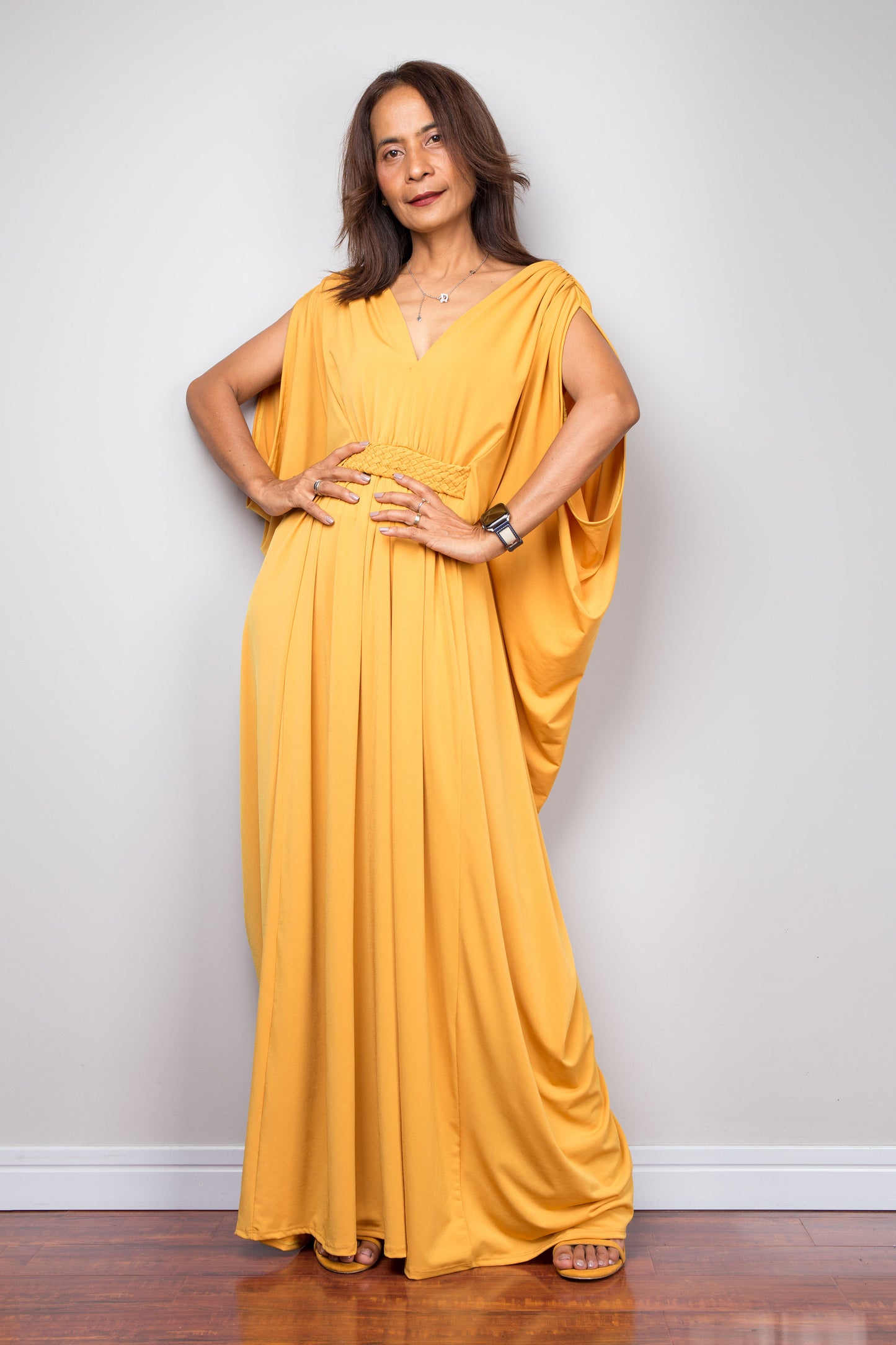 Yellow kaftan maxi dress with braided waist detail and v neck. Batwing sleeve dress - Front view