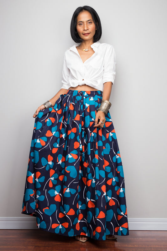 Floral skirt,  Pleated maxi skirt, blue cotton summer skirt