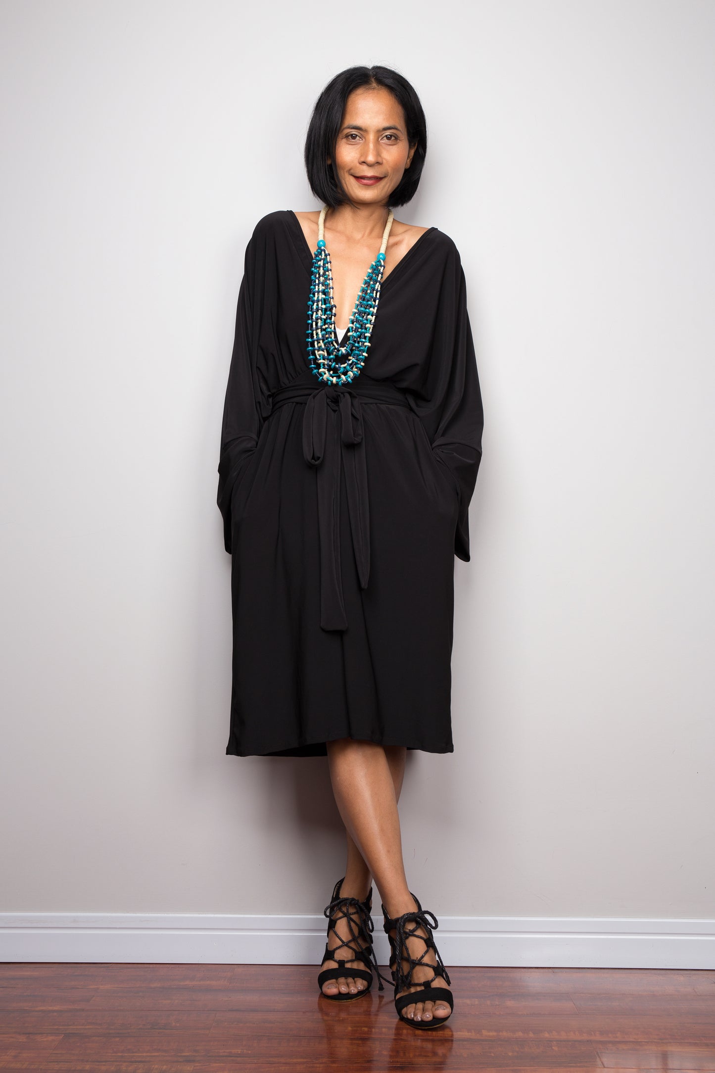 Short black midi dress.  Off shoulder black dress by Nuichan  Long sleeve black dress with pockets