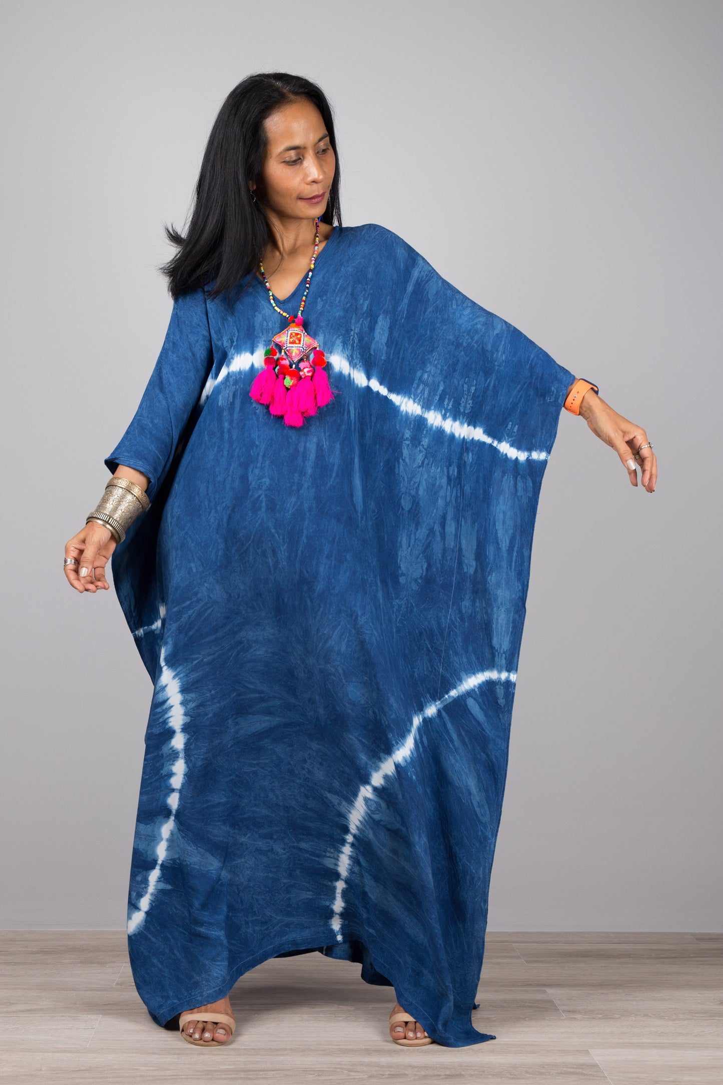 Indigo tie dye kaftan dress by Nuichan.  Modern shibori dresses at affordable prices