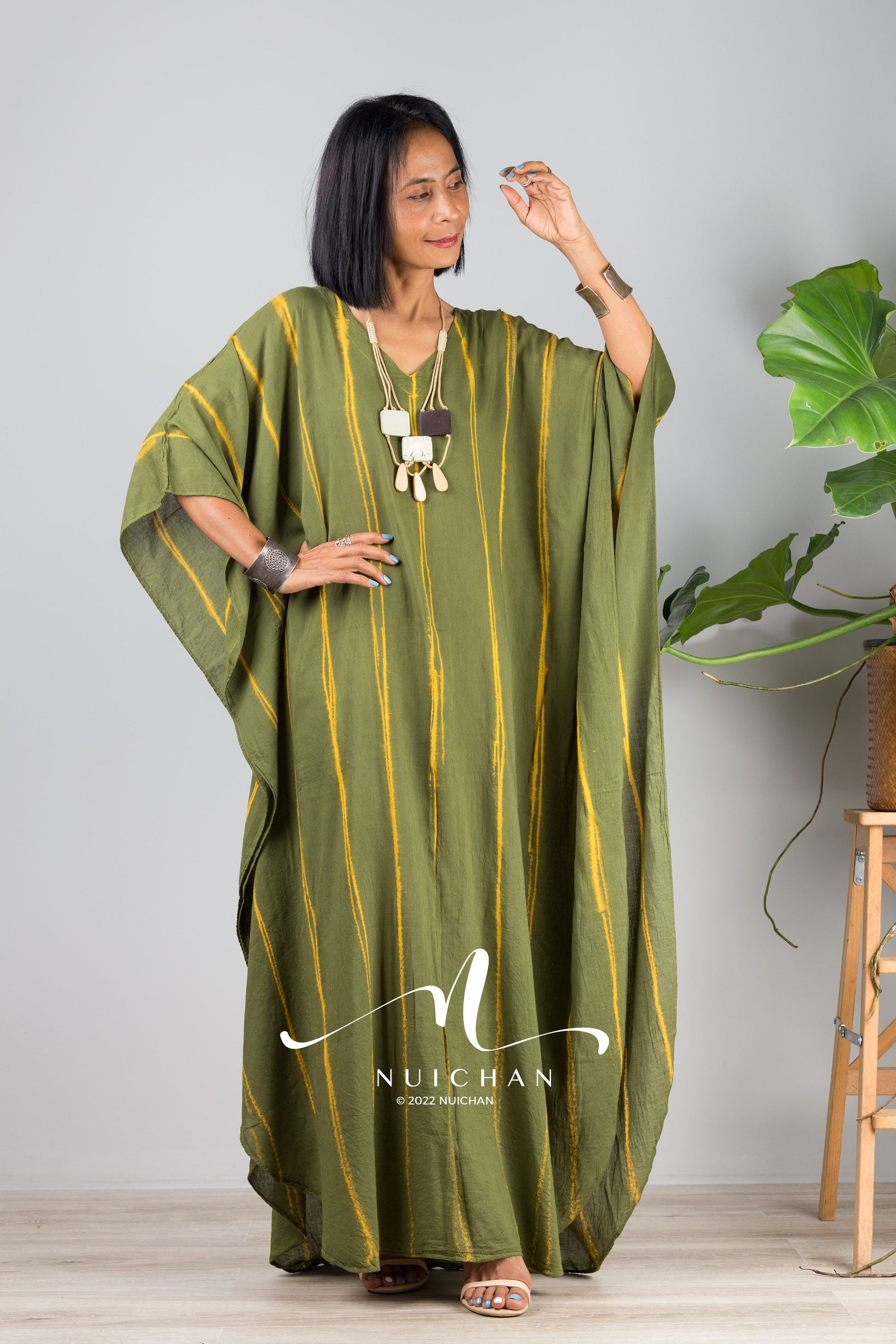 Green Tie dye kaftan with stripes. Front view