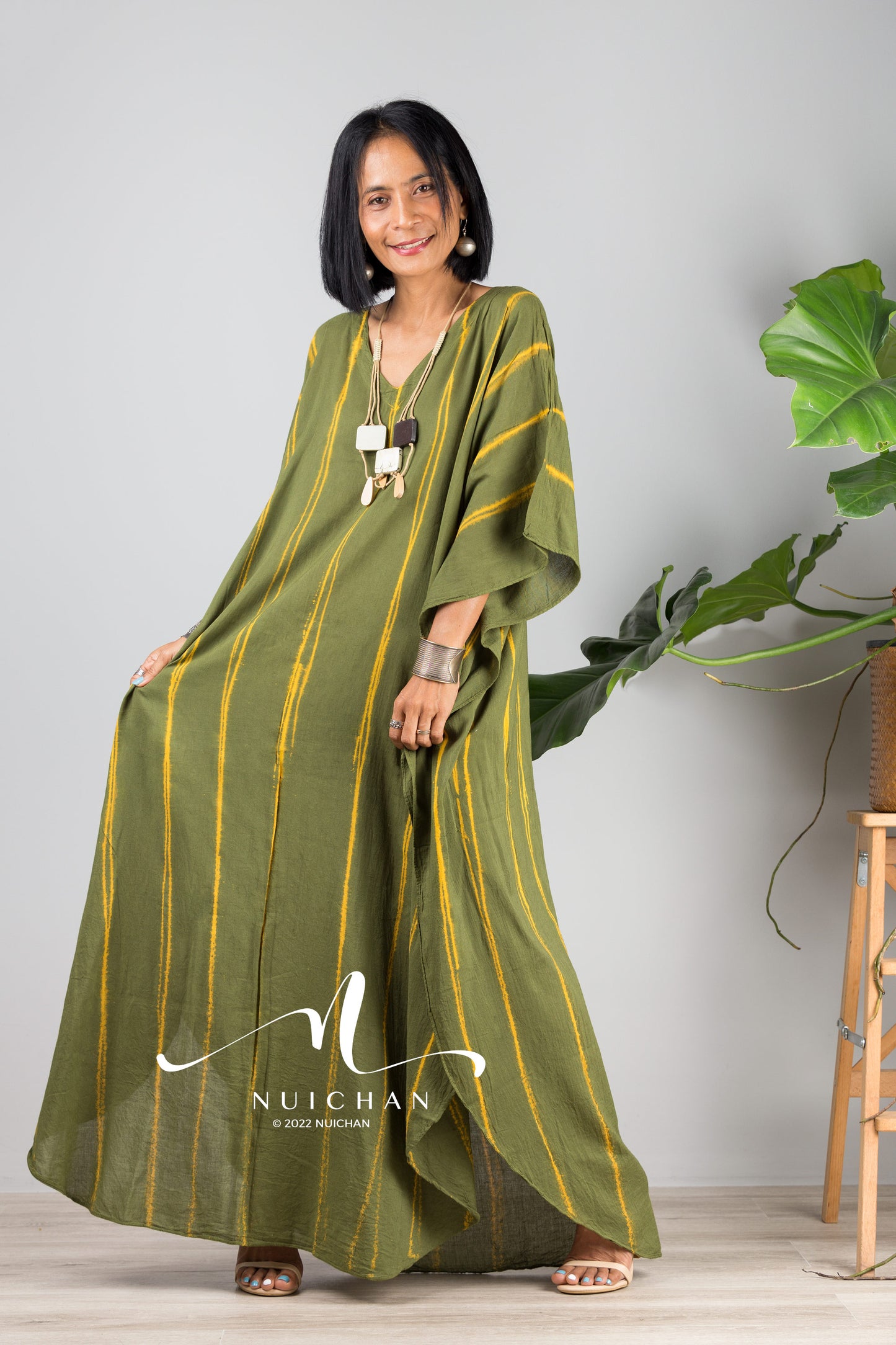 Tie dye cotton kaftan dress. Large green cotton caftan with stripes