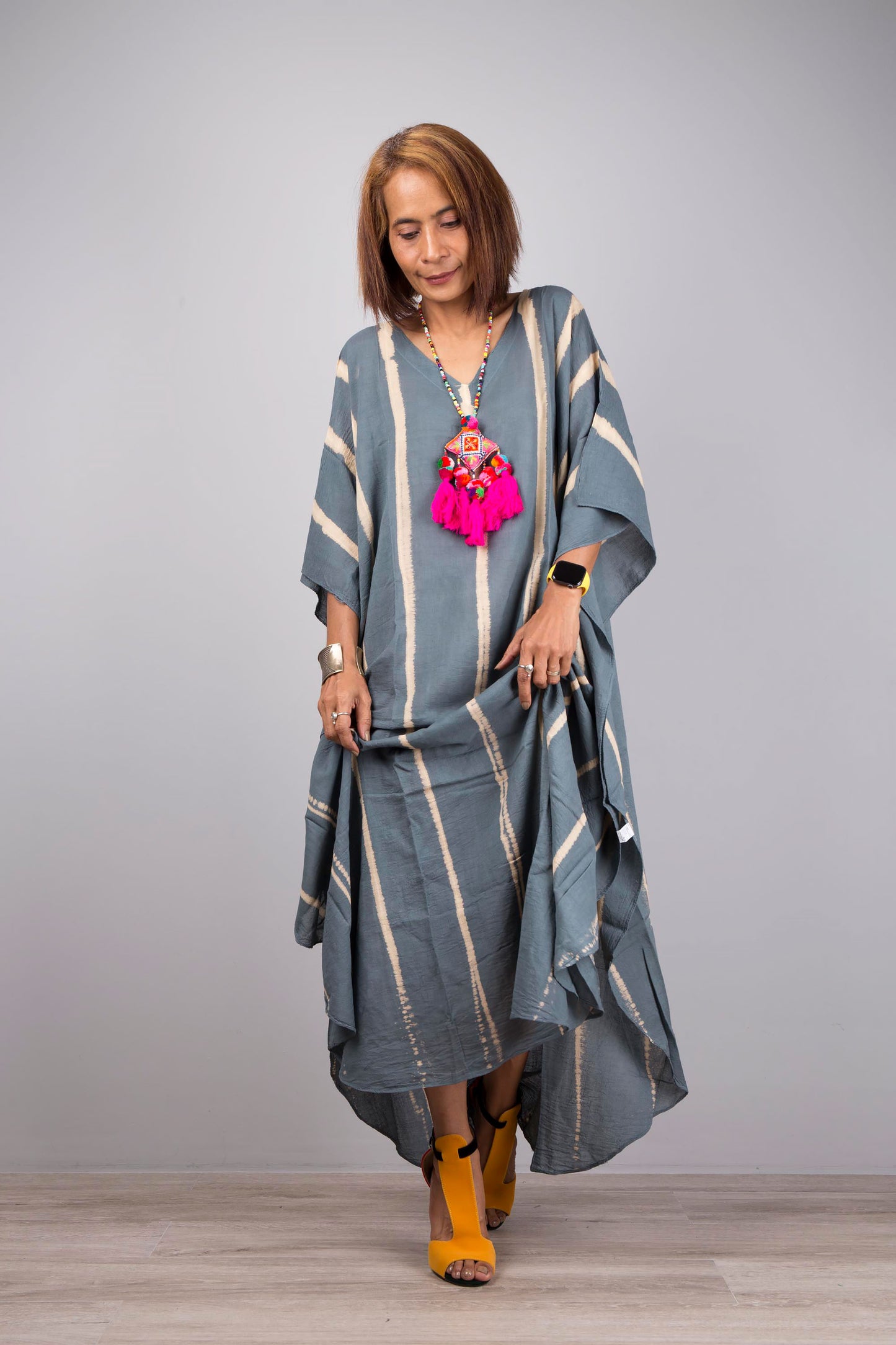 Tie dye kaftan, cotton caftan dress with stripes, front view