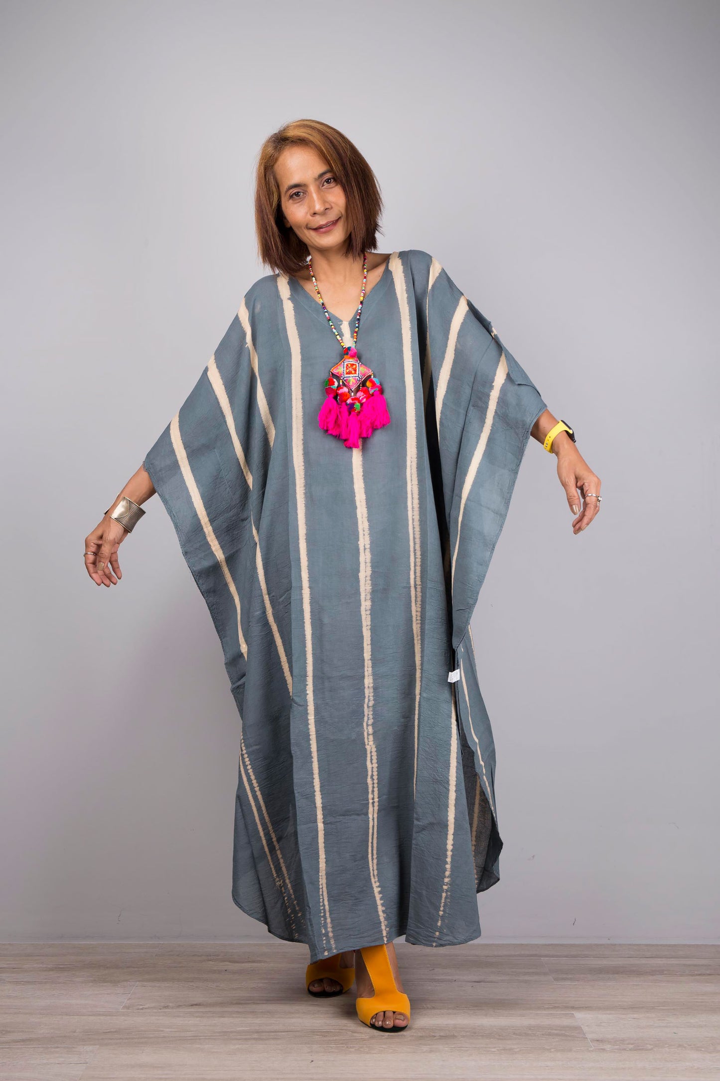 Tie dye kaftan, tie dye dress in grey with stripes