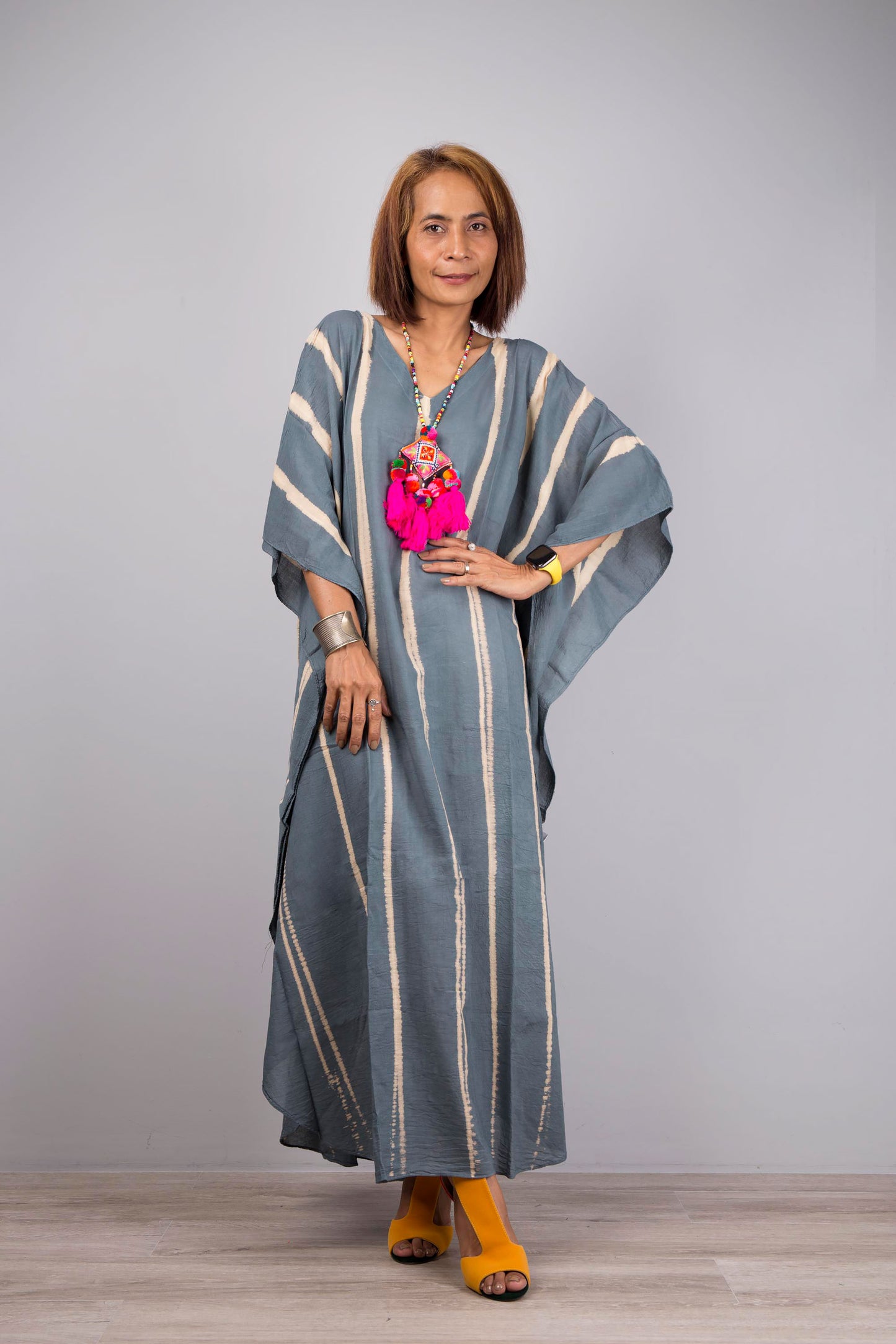 Tie dye dress, kaftan style, with vertical stripes - front view