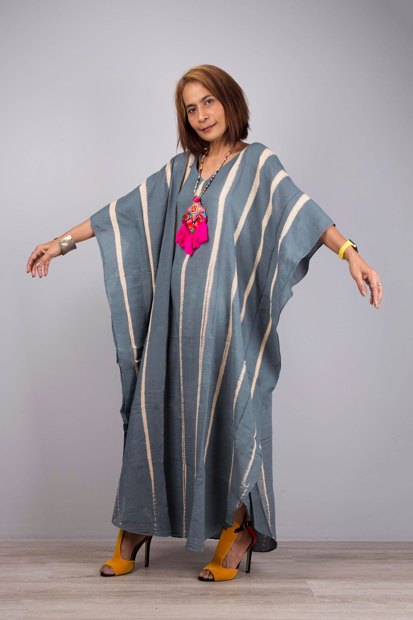 Tie dye kaftan, loose fit tie dye dress with vertical stripes, batwing sleeves