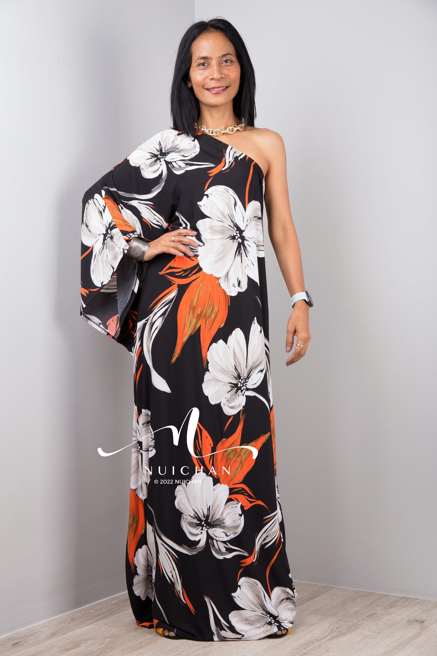 Nuichan Women's Off the shoulder black maxi dress with floral print 