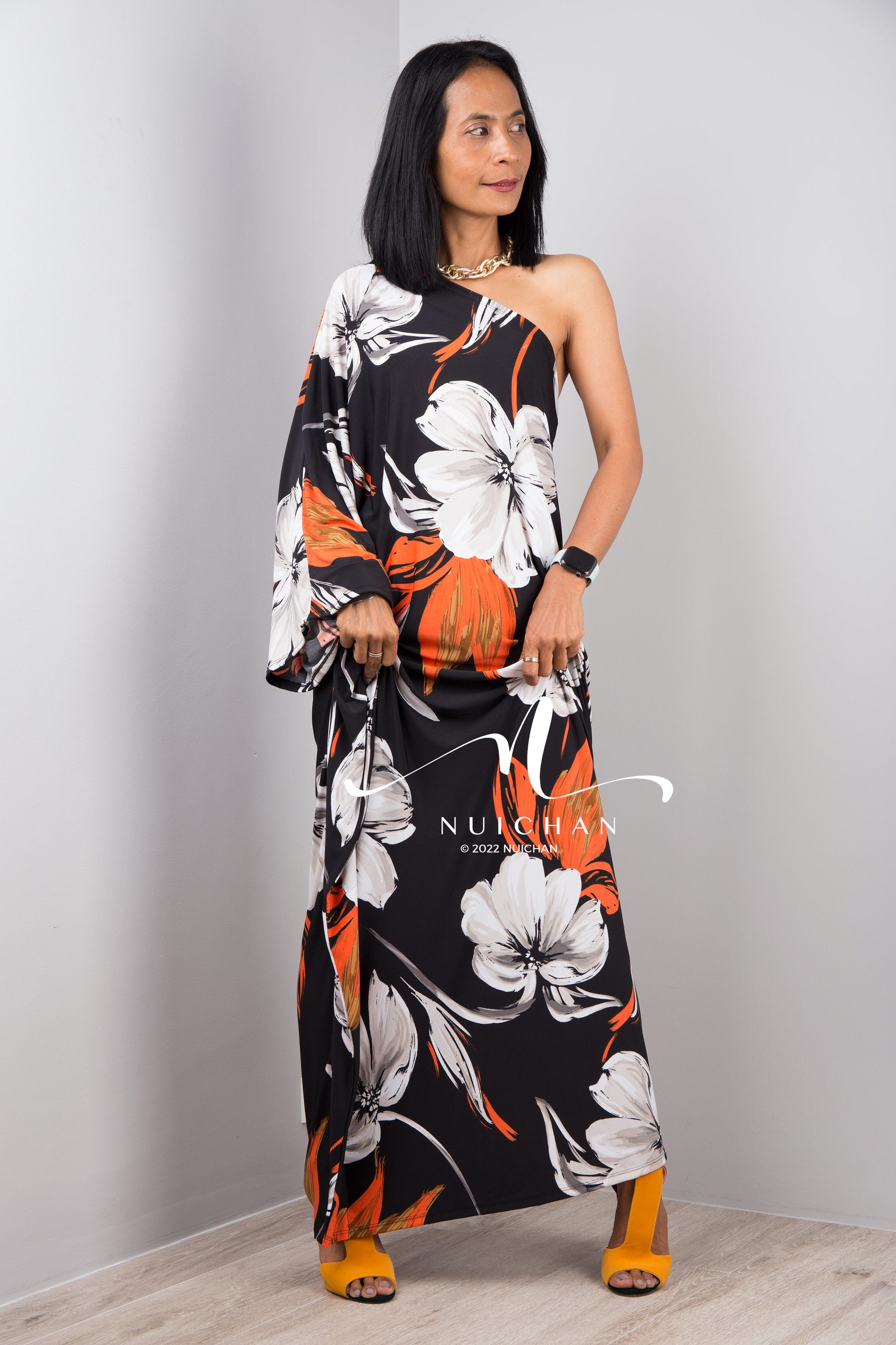 Nuichan Women's Off the shoulder black maxi dress with floral print 