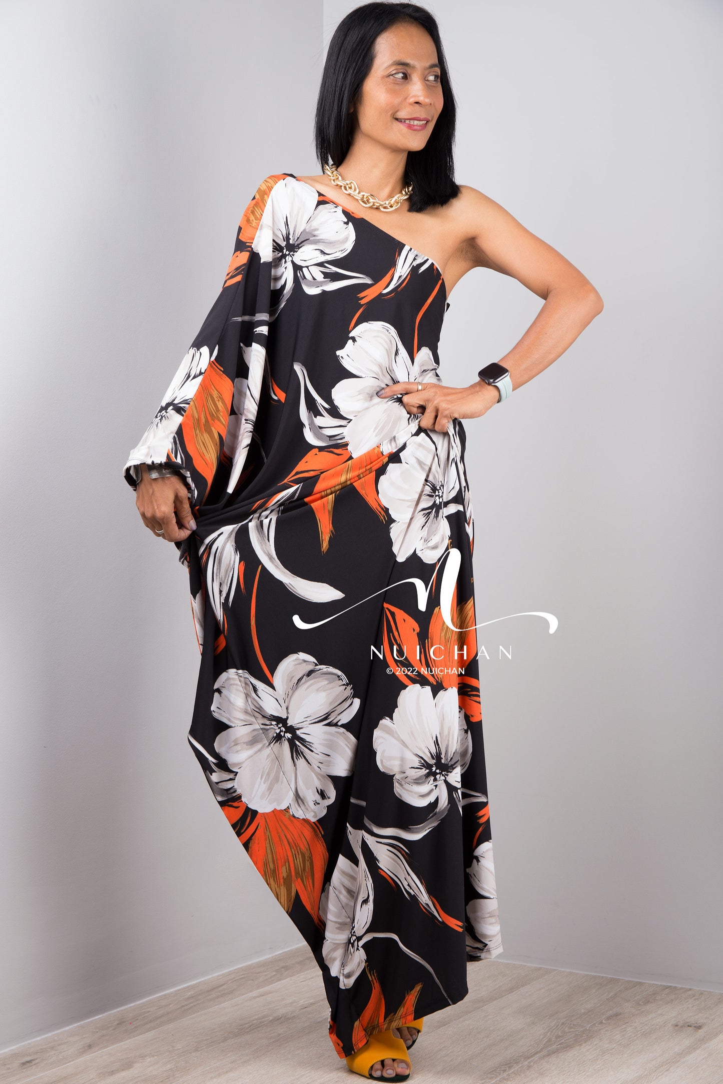 Nuichan Women's Off the shoulder black maxi dress with floral print 