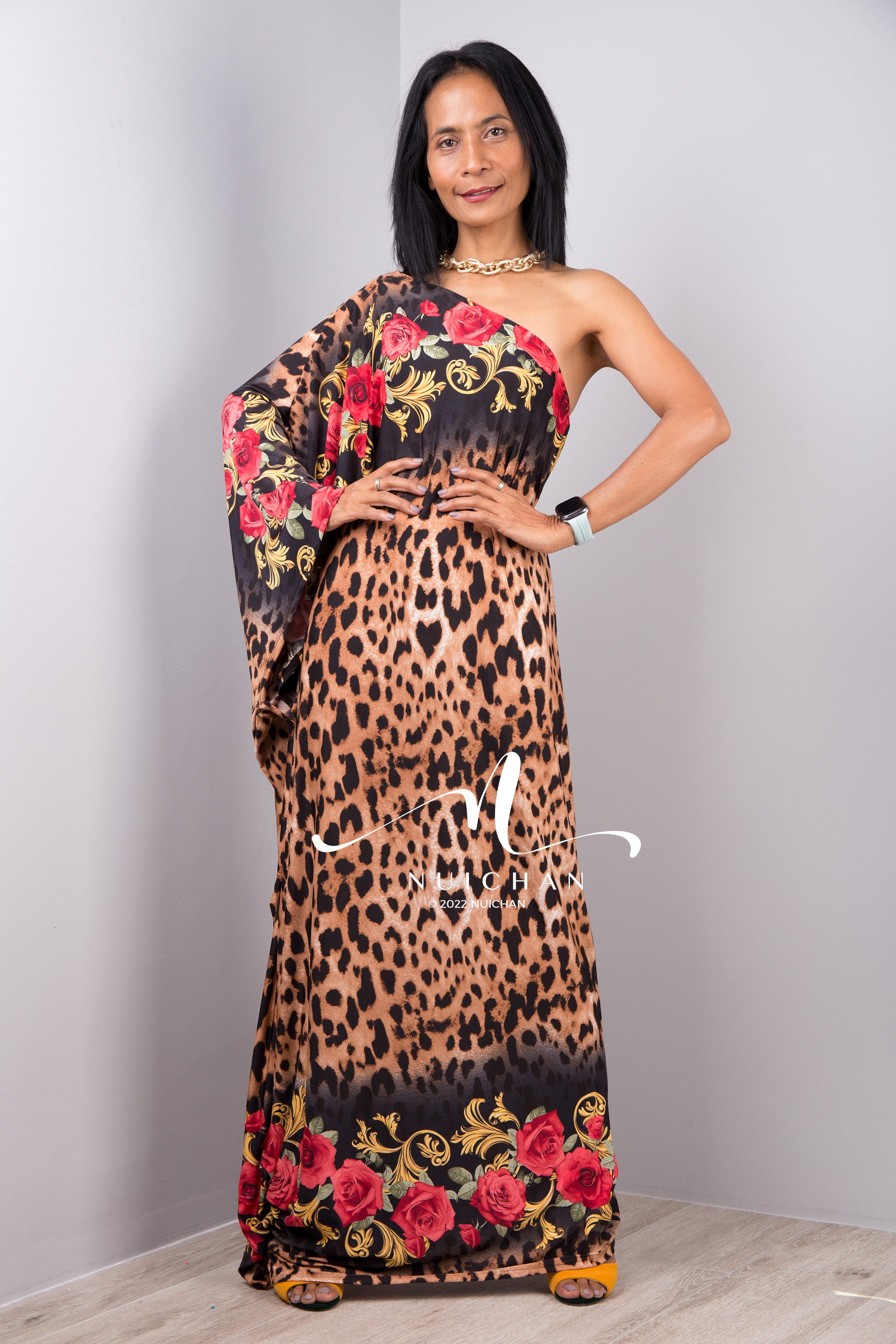 Nuichan Women's Off the shoulder boho chic leopard print maxi dress 