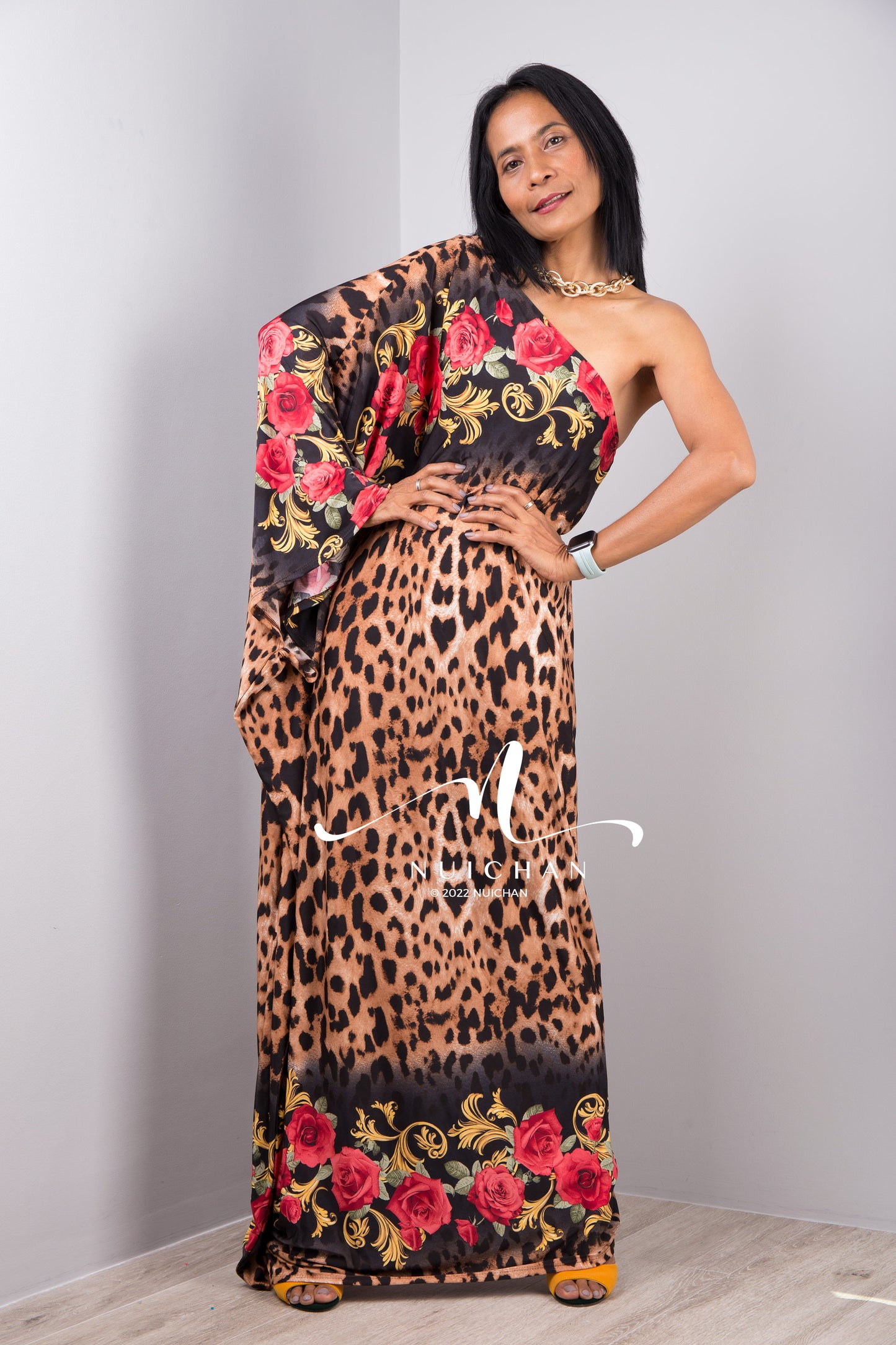 Nuichan Women's Off the shoulder boho chic leopard print maxi dress 